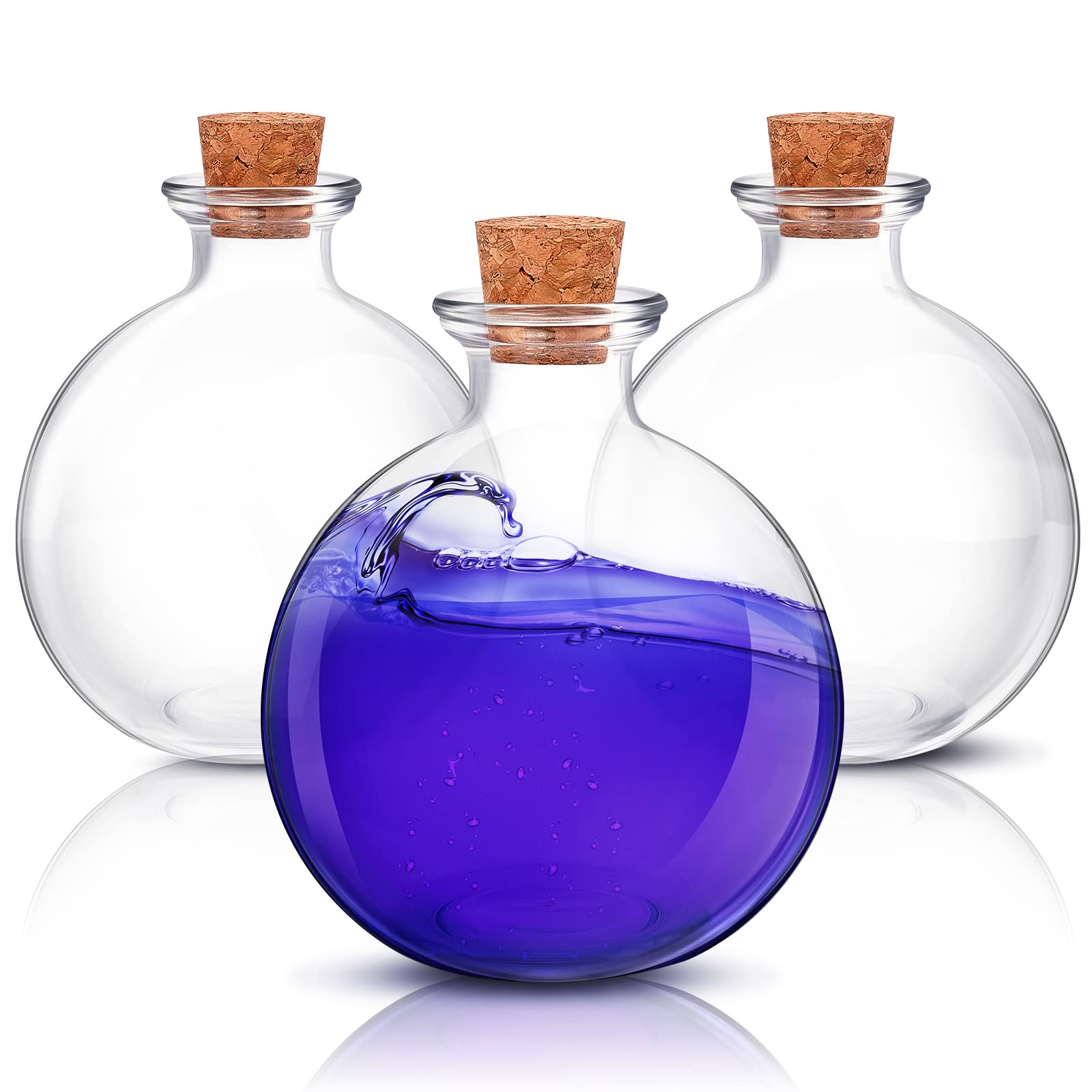 Tessco 3 Pcs Spherical Potion Bottles Round Glass Bottles Clear Potion Jars Large Decorative Witch Bottles for Halloween Christm