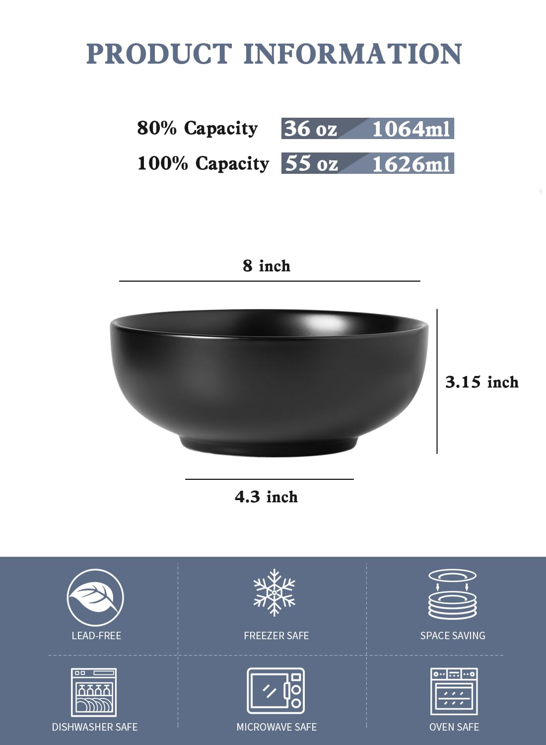 Kanwone Large Serving Bowls - 55 Ounce, Porcelain Salad Bowls, Pasta, Soup Bowls, Set Of 2, Serving Dishes For Entertaining, Mic