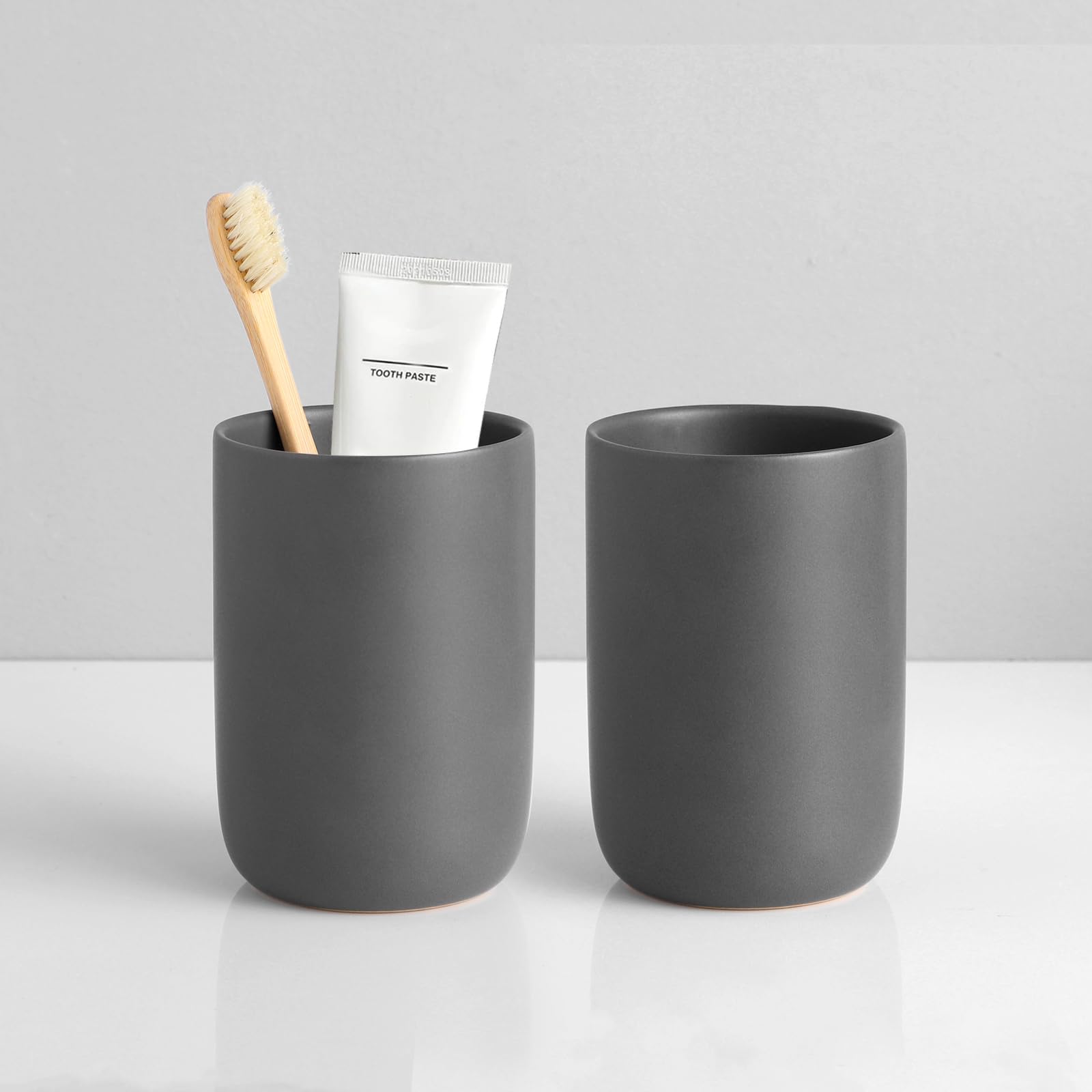 Bsdisp Matte Grey Toothbrush Holders For Bathrooms - Ceramic Toothbrush Toothpaste Holders Set, Grey Bathroom Tumbler Cups Reusa