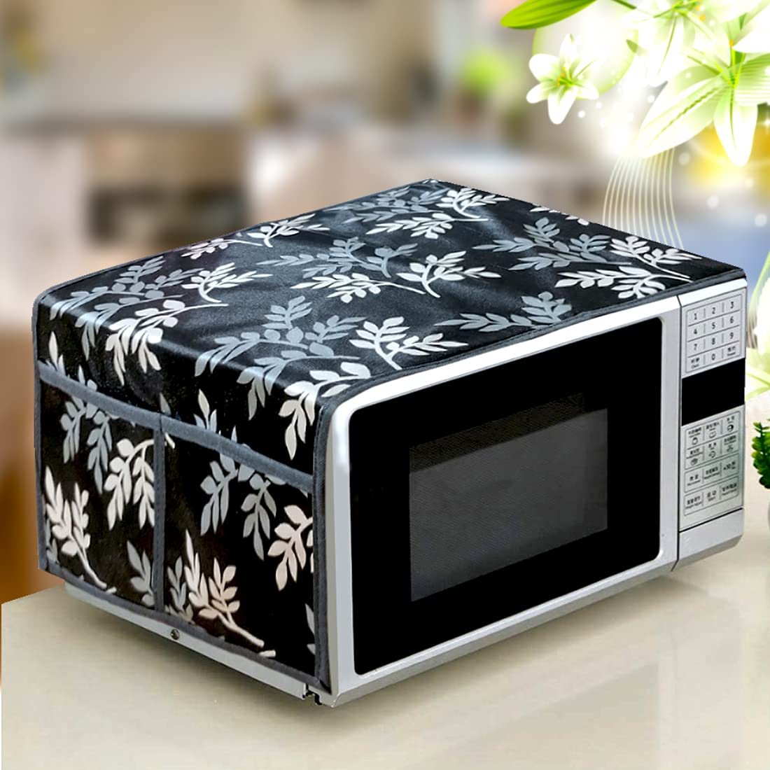 Kanushi Industries Microwave/Oven Top Cover With 4 Utility Pockets (Var-Micro-Black-Small-Levs-01)