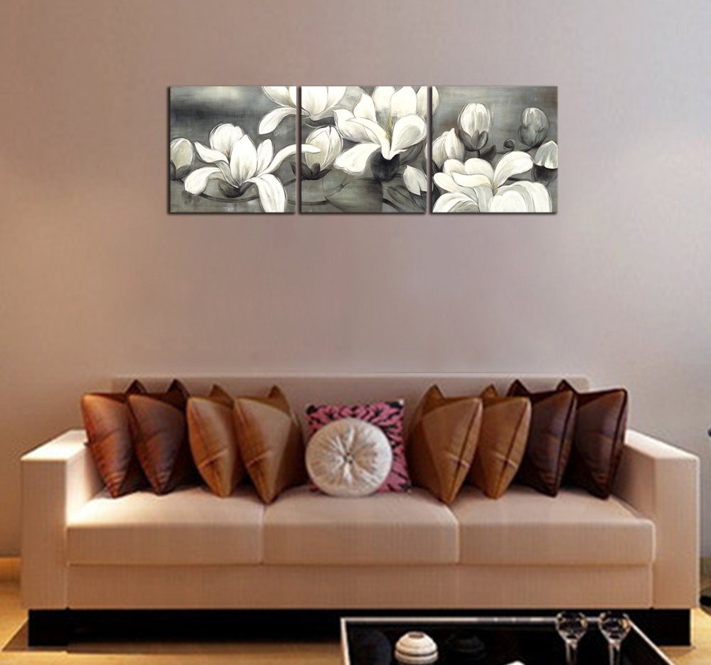 Wieco Art Magnolia Flowers Canvas Prints Wall Art 3 Pcs White And Grey Floral Pictures Paintings Ready To Hang For Living Room B