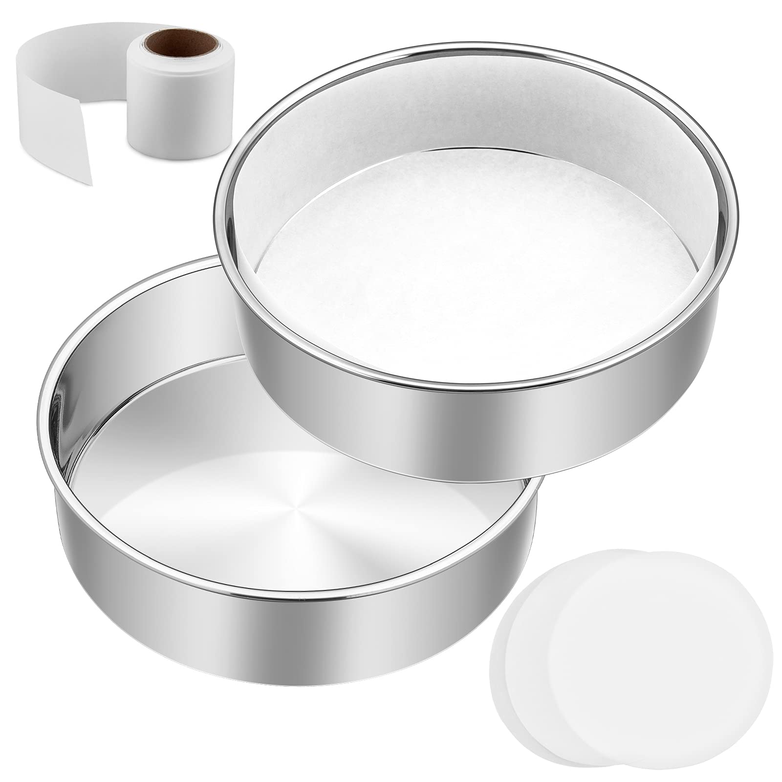 6 Inch Cake Pan Set Of 2, E-Far Stainless Steel Round Layer Smash Cake Baking Pans With Parchment Rounds & Side Liner Roll, Non-