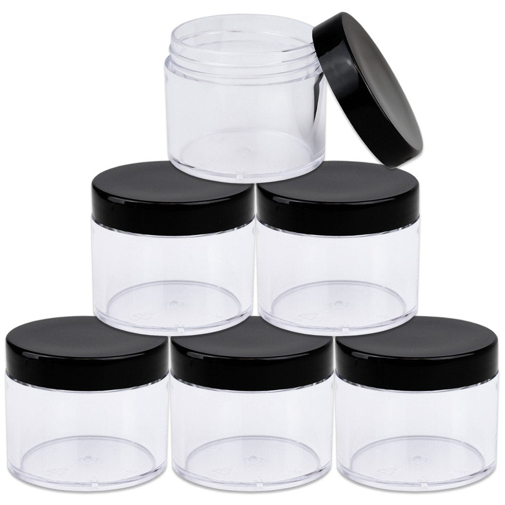 Beauticom 2 Oz./ 60 Grams/ 60 Ml (Quantity: 6 Packs) Thick Wall Round Clear Plastic Leak-Proof Jars Container With Black Lids Fo