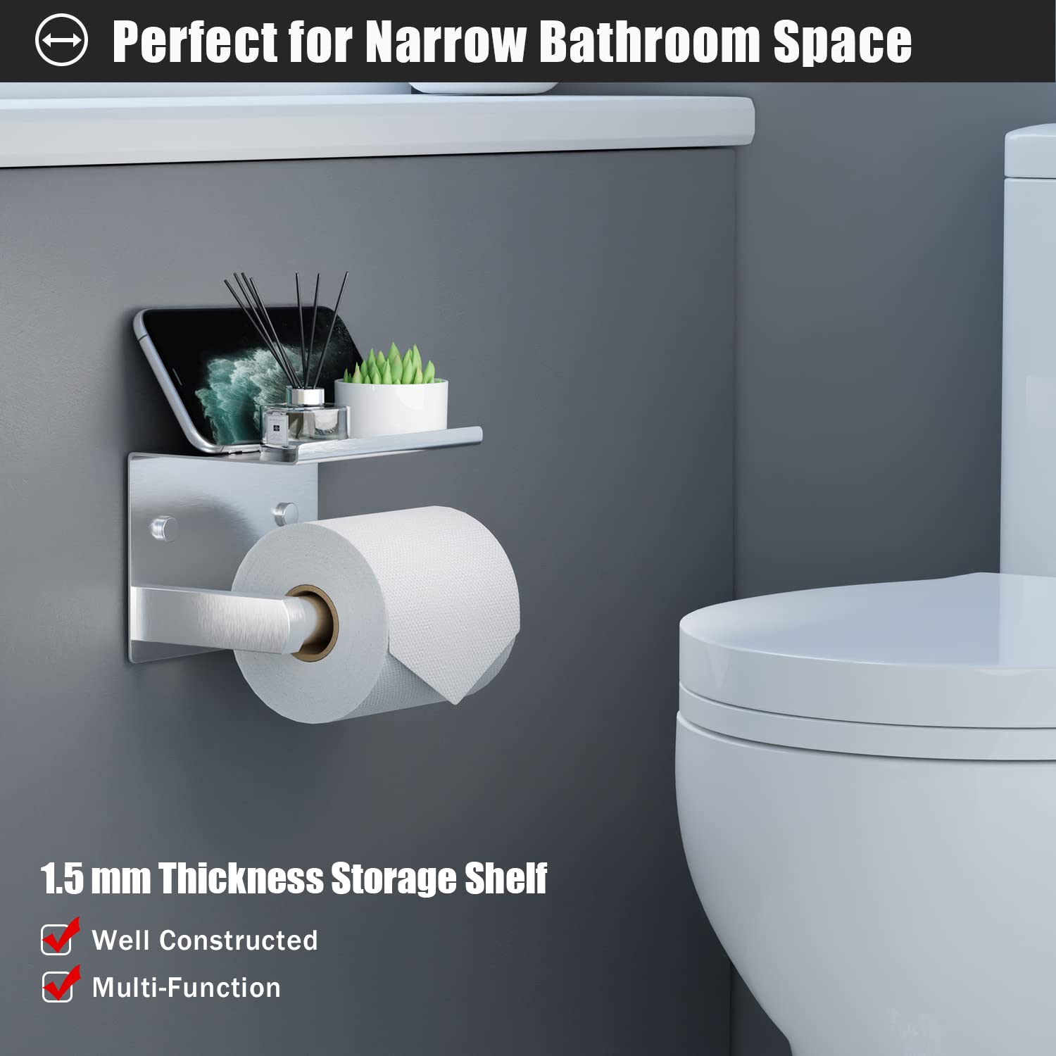 Tindbea Toilet Paper Holder with Phone Shelf + Towel Robe Hooks  Adhesive or Screw Wall Mounted Toilet Paper Roll Storage  Stainless Steel Bathroom Tissue Roll Holder (Brushed Nickel)