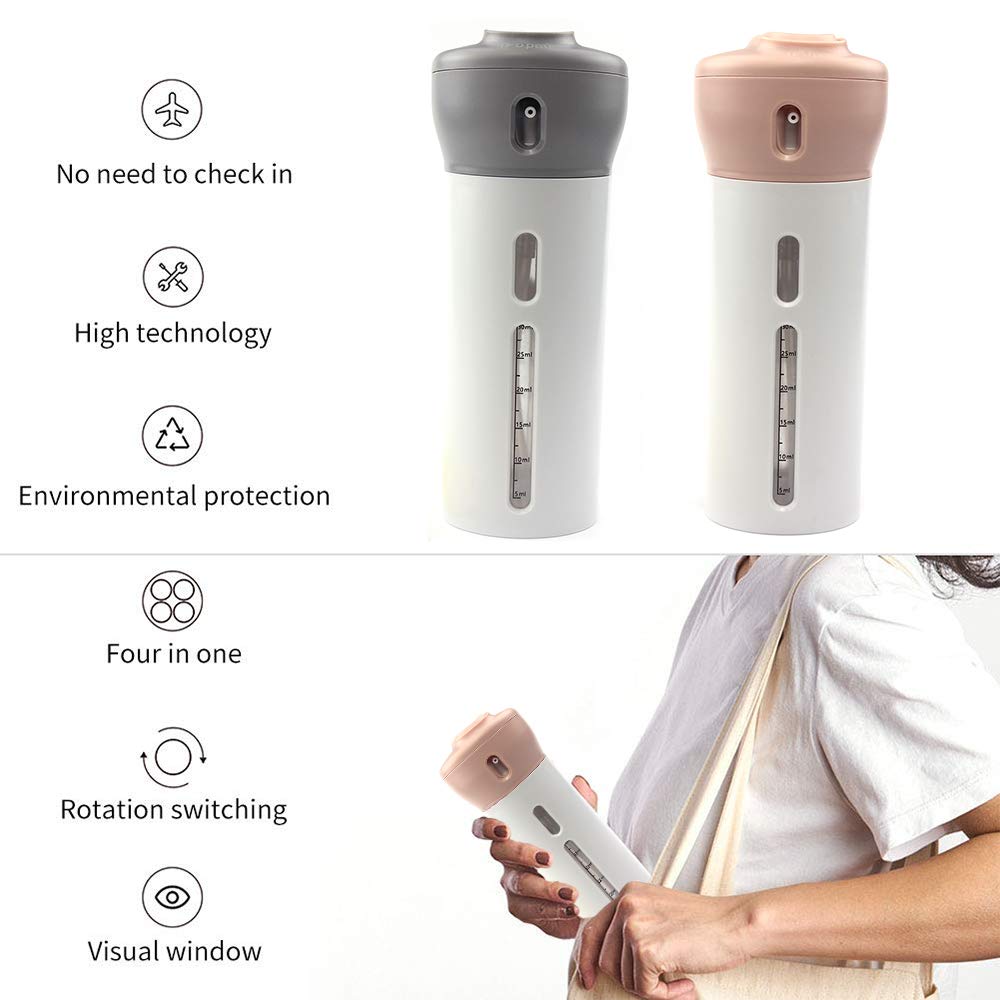 2 Pack Travel Dispenser  CHIVENIDO 4 in 1 Lotion Shampoo Gel Travel Dispenser Shower Bottles Refillable Travel Bottles (Pink+Gray)