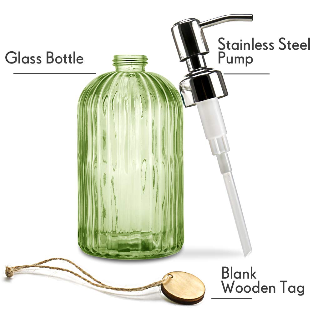 JASAI 18 Oz Vertical Striped Green Soap Dispenser with 304 Rust Proof Stainless Steel Pump  Refillable Lotion Soap Dispenser for Bathroom  Kitchen  Hand Soap  Dish Soap (Clear Green)