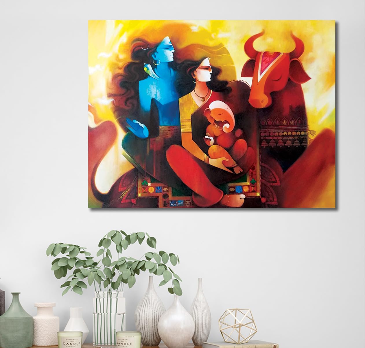 Namaste Home - Canvas Painting - Shiva Parvati & Ganesh - Indian God - Canvas Painting For Home And Office|| For Bedroom,Living
