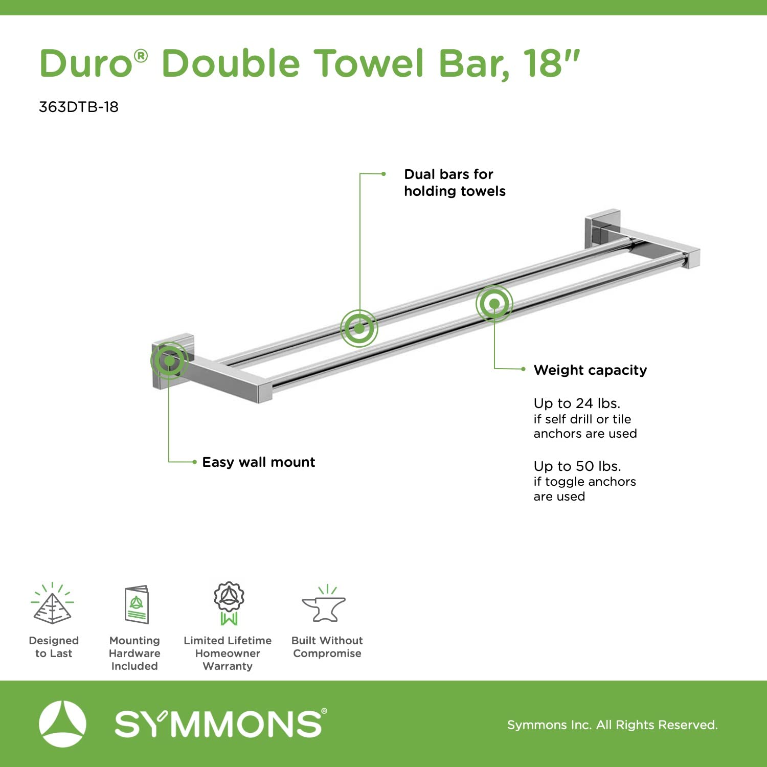Symmons 363Dtb-18 Duro 18 In. Wall-Mounted Double Towel Bar In Polished Chrome