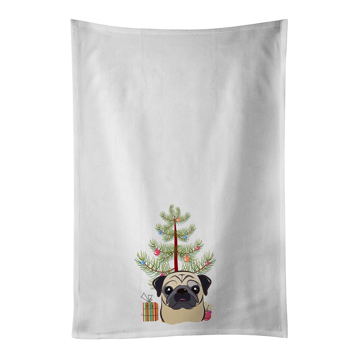 Christmas Tree and Fawn Pug White Kitchen Towel Set of 2