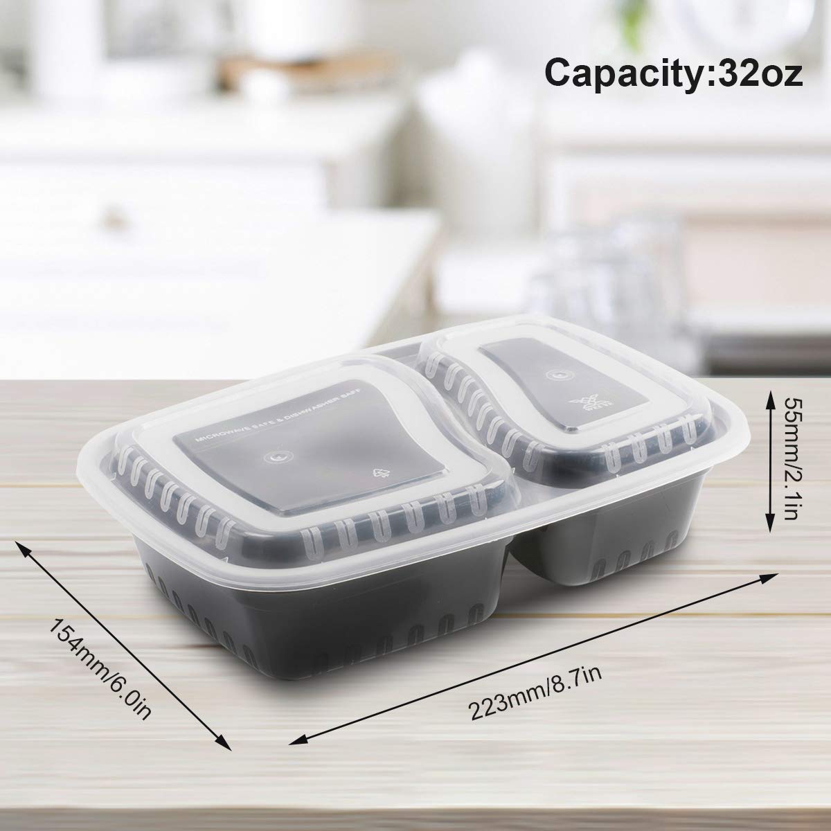 Pinshion 20 Pack Meal Prep Containers 2 Compartment Bento Box 950 Ml / 32 Oz Microwavable Food Containers With Lids, Food Storag