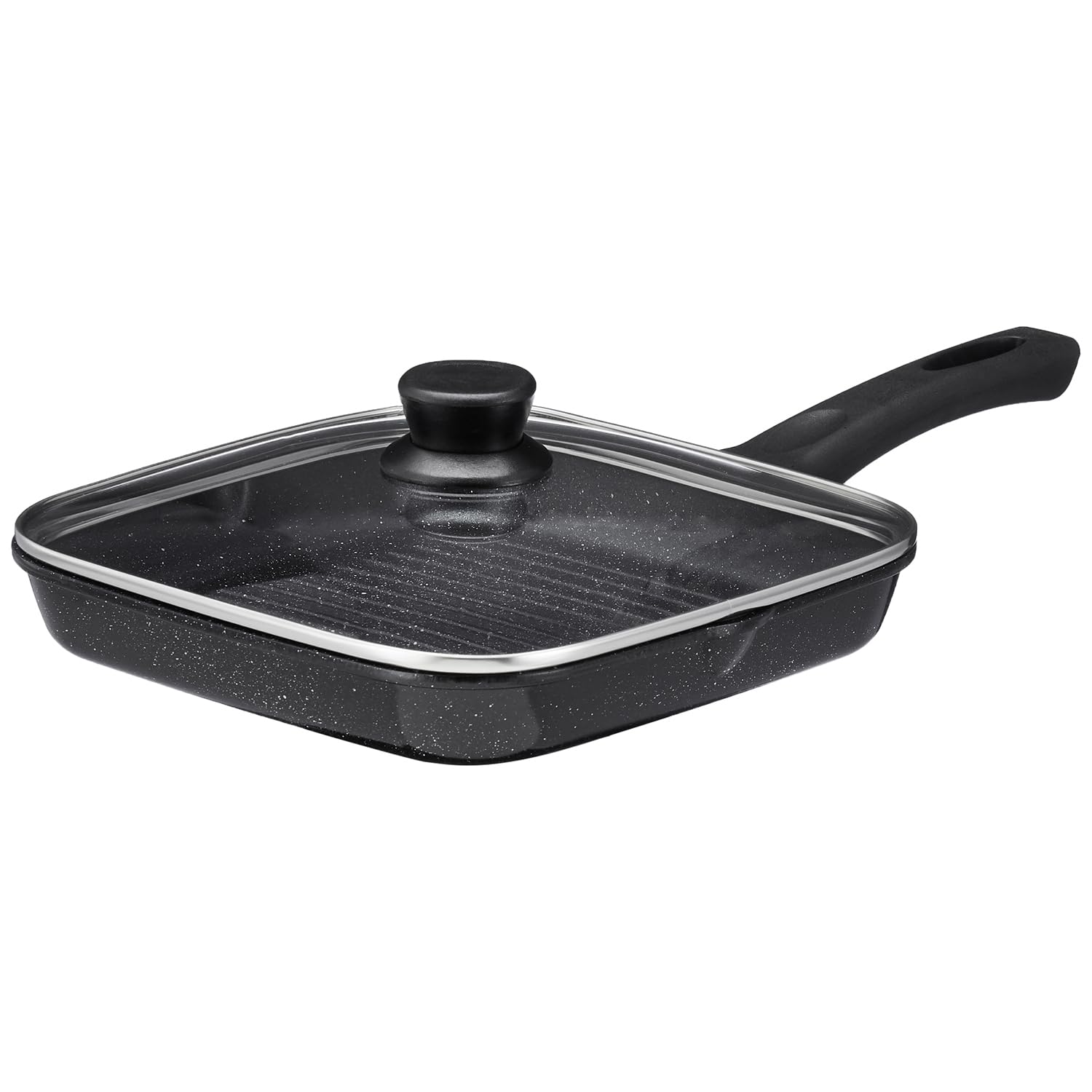 Amazon Brand - Solimo Non-Stick Grill Pan With Glass Lid | 1.8L / 24Cm | Cast Aluminium Body | Induction & Gas Compatible | Pfoa