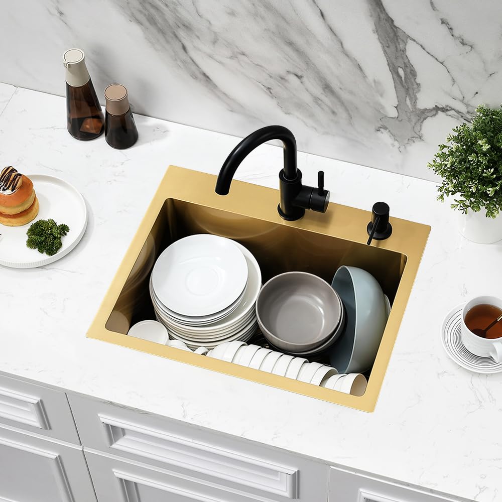 Jshozzy Gold Bar Sink Drop In, 20'' X 16'' Drop In Kitchen Sink 16 Gauge Stainless Steel Small Kitchen Sink Outdoor Rv Sink Sing