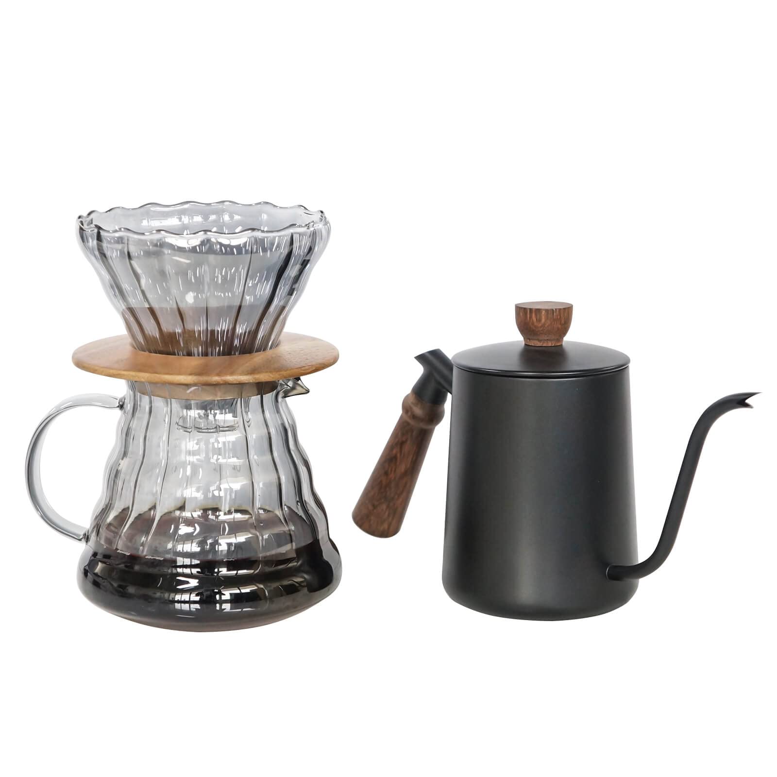 Sotech Pour Over Coffee Maker Set With Black Gooseneck Kettle, Wooden Pad Holder, Coffee Dripper Server, Diy Manual Portable Cof