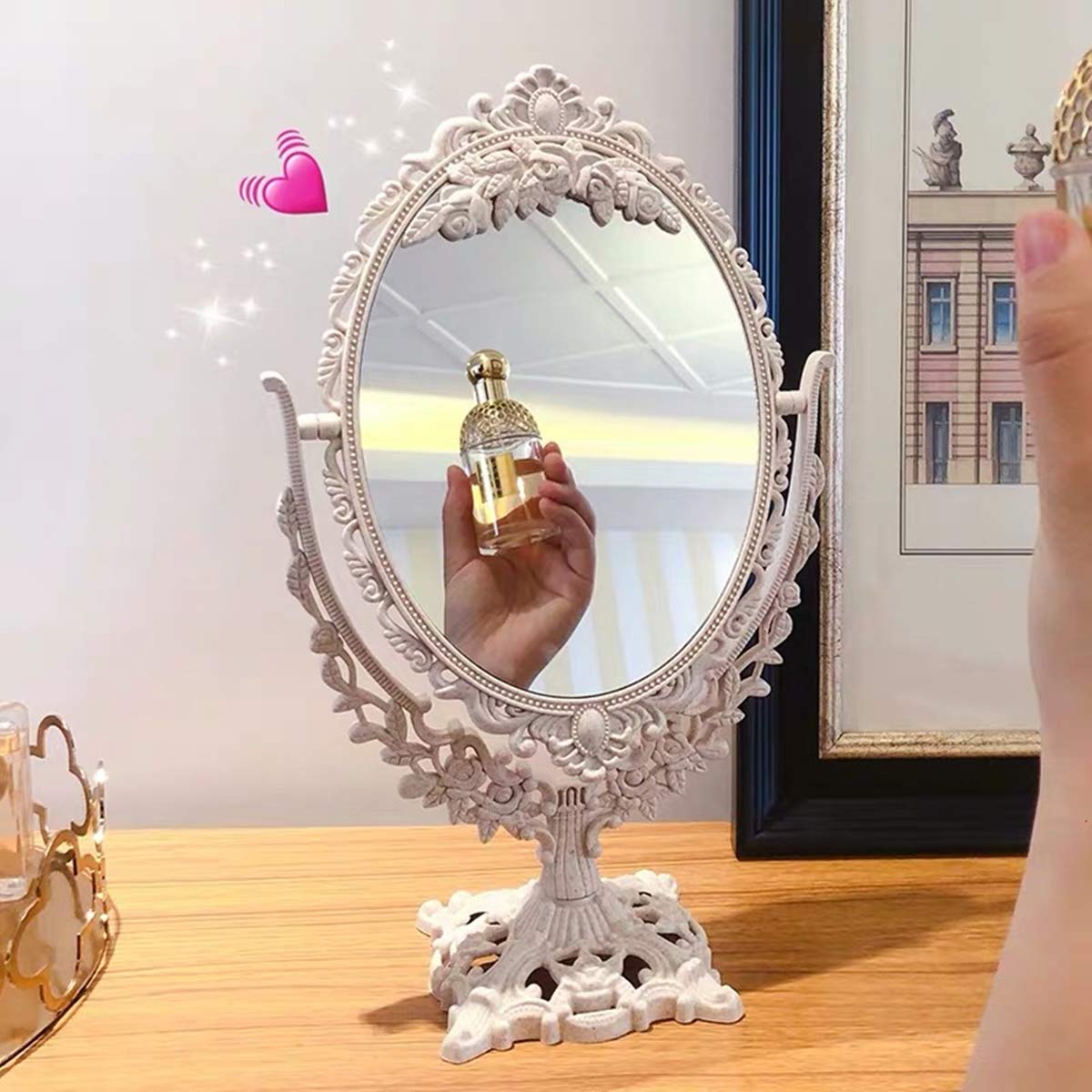 Schonee Retro Double Sided Tabletop Makeup Mirror, Oval Swivel Desktop Stand Mirror, 360 Degree Rotation Vintage Two-Sided Makeu