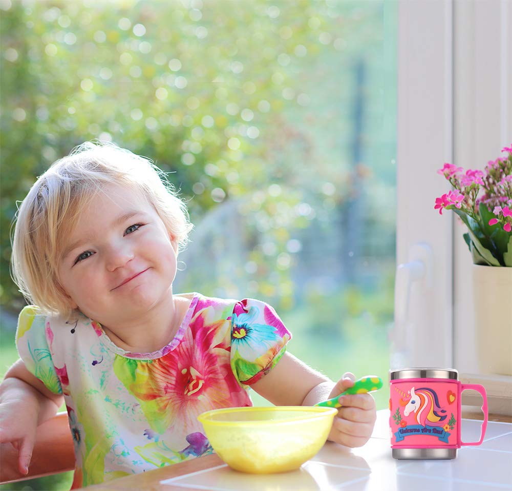 F-32 12 Oz Kids Stainless Steel Unicorn Pink 3D Mug With 2 Pack Slider Closure Lids - Eco-Friendly - Bpa Free Signature Collecti