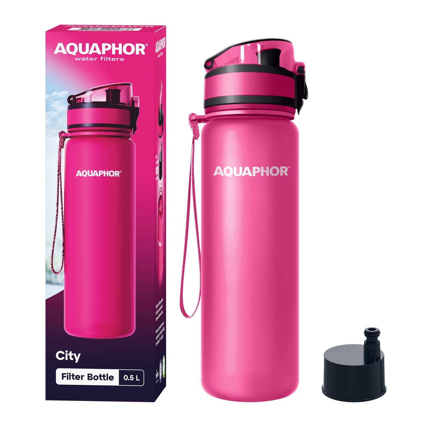 Aquaphor City Bottle 500Ml Pink  Travel Water Bottle With Activated Carbon Filter  Filters Chlorine & Impurities  Made Of Tritan