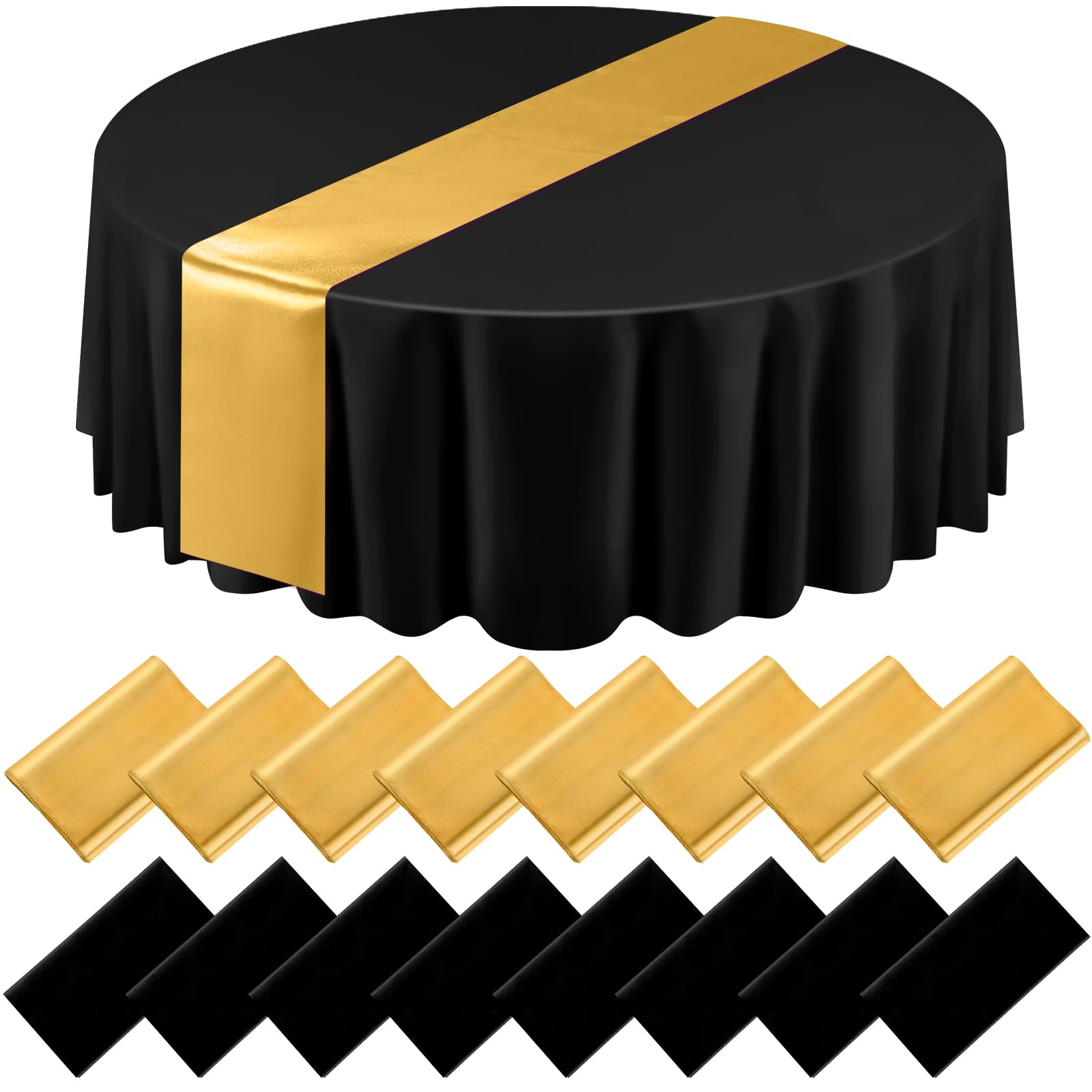 Tudomro 16 Pcs Black and Gold Round Plastic Tablecloth and Satin Table Runner Set 84 Inch Round Covers 12 x 108 Inch Table Runne
