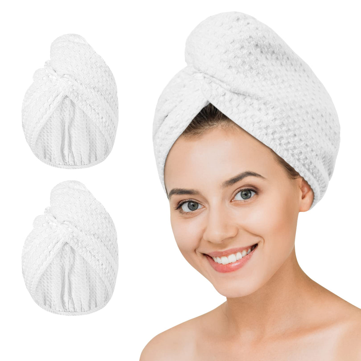 Microfiber Hair Drying Towel - 2Packs Waffle Long Hair Head Turban Wraps Terry Cloth Fast Absorbent Dry Anti Frizz Twist Ploppin