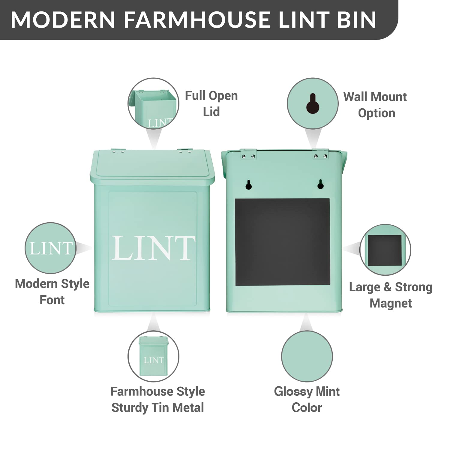 Calindiana Modern Farmhouse Metal Lint Bin For Laundry Room, Mint, 10L