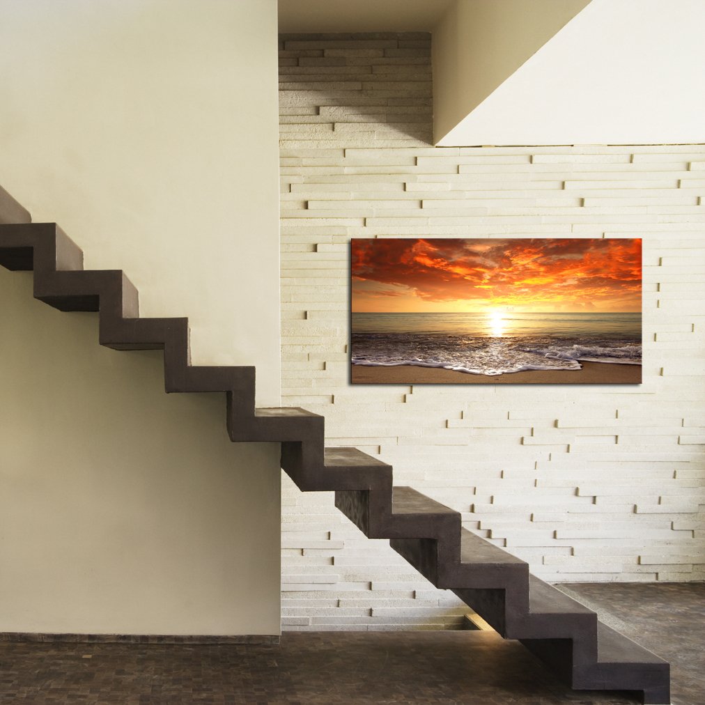 Baisuart Canvas Prints Wall Art - Sunset Ocean Beach - 40L x 20W - Golden - Model S0150 - Modern Framed Seascape Giclee Artwork