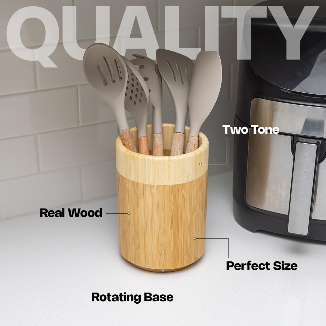 Samma Bamboo Utensil Holder - Space-Saving Utensil Holder For Kitchen Counter - Rotating Kitchen Utensil Holder - Utensil Crock