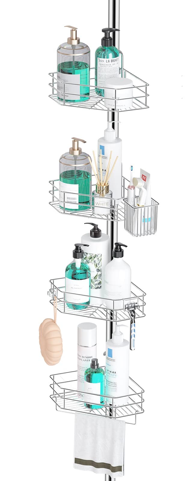 Seirione Corner Shower Caddy Tension Pole, Adjustable Shower Organizer Corner With 4 Shelves, No Drilling Shower Shelf For Insid