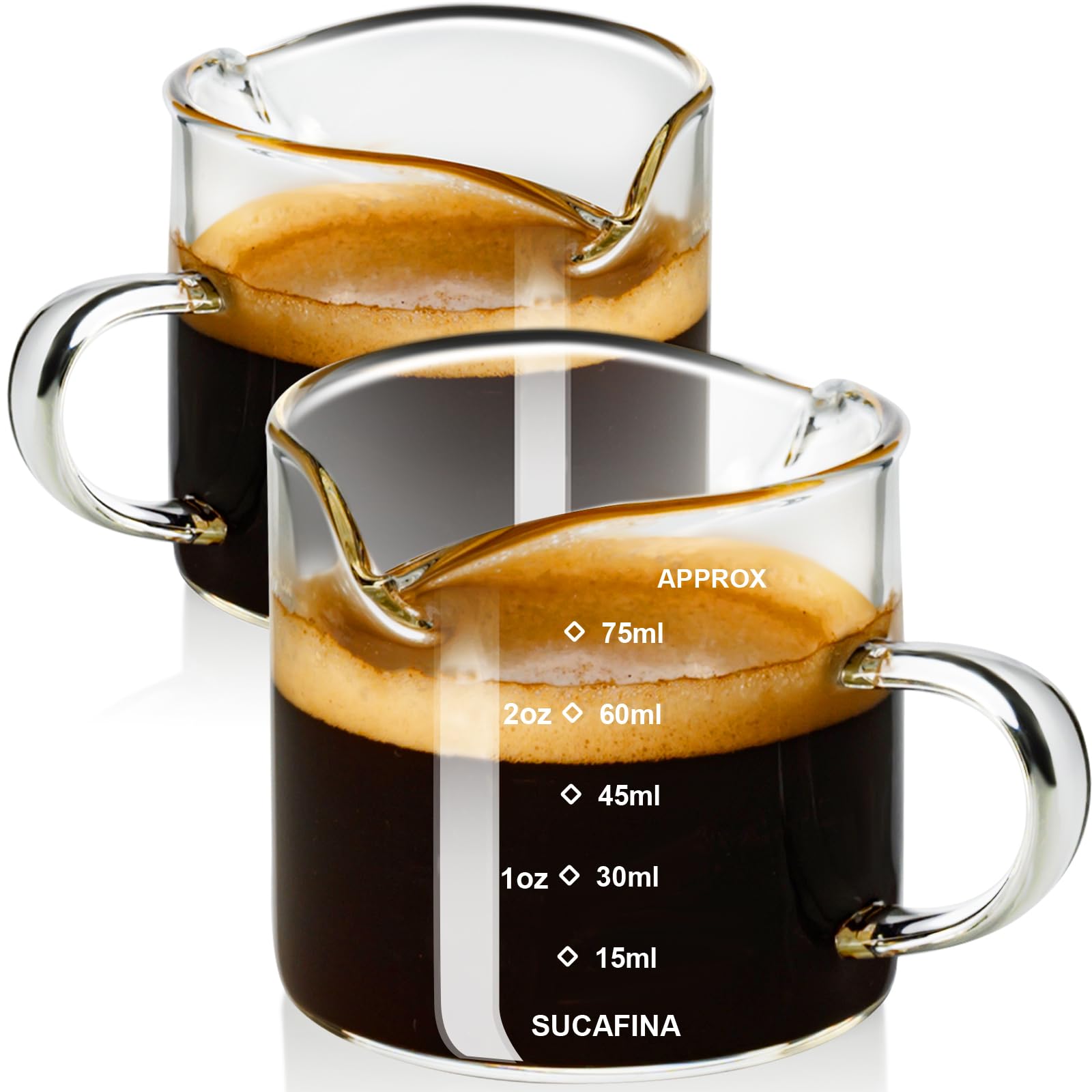 Paracity Espresso Cup With Handle Set Of 2, Double Spout Glass Measuring Cup With Dual Scale, Espresso Shot Glass With V-Shaped