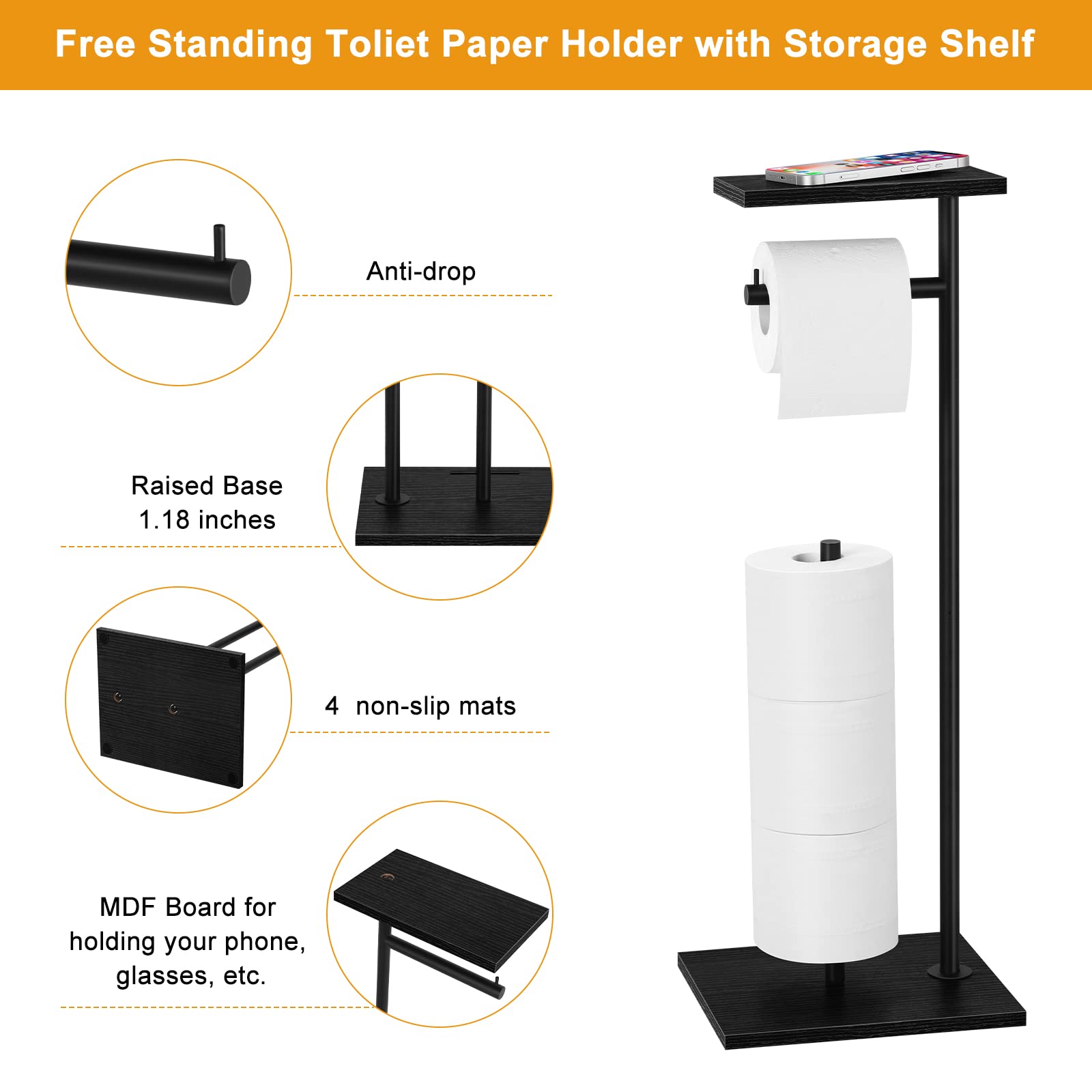 Toilet Paper Holder Free Standing Black Bathroom Toilet Paper Holder Stand With Storage Shelf, Freestanding Roll Tissue Holders