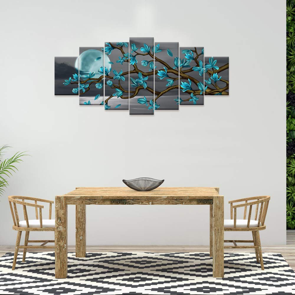 Visual Art Decor Xlarge 7 Piece Teal Full Moon Lanscape Wall Art Teal Tree Painting Canvas Art Prints Framed Ready To Hang, 70X3