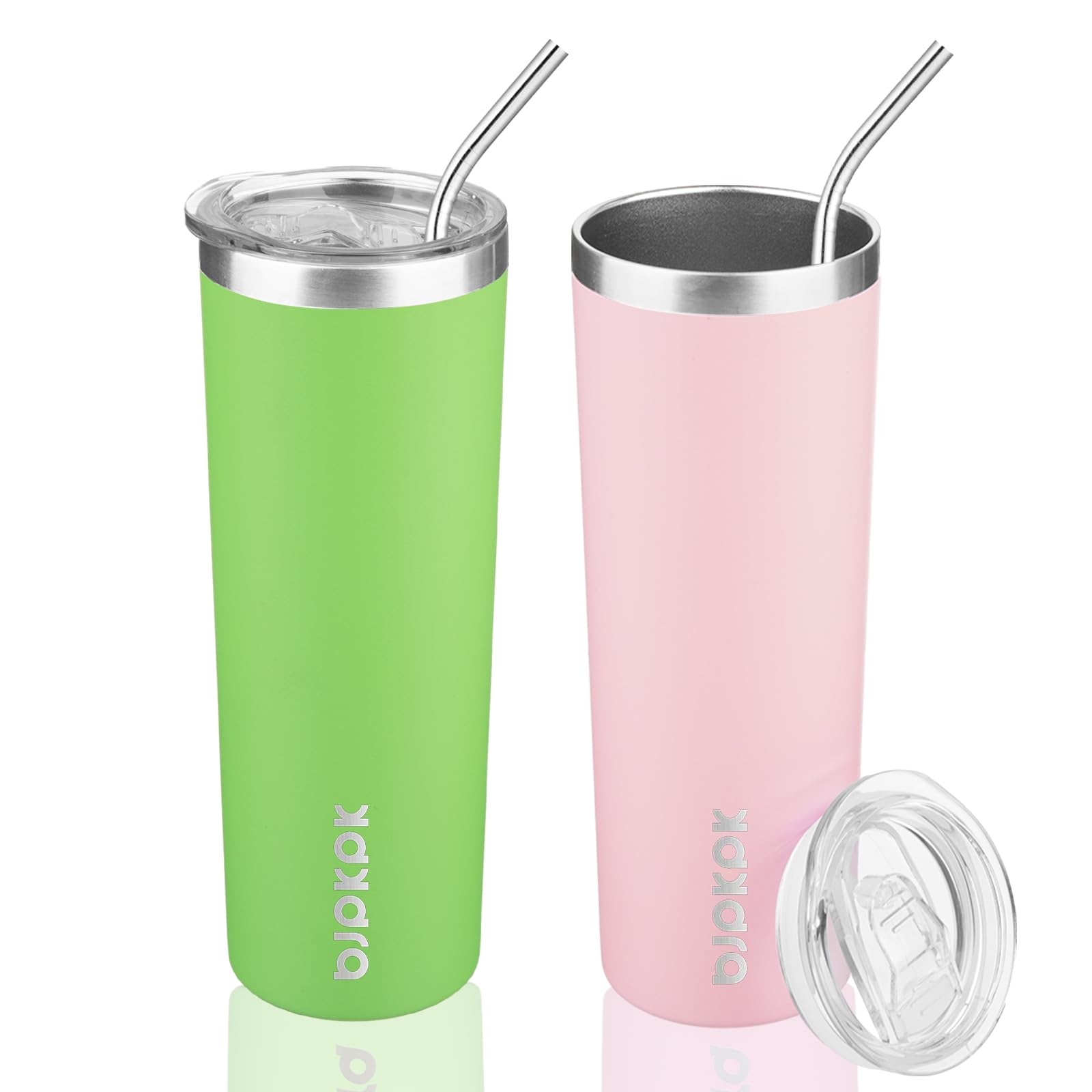 BJPKPK 20 oz Skinny Tumbler with Lid 2 Pack Slim Insulated Travel Coffee Cup Stainless Steel Thermal Mug,Green,Light Pink