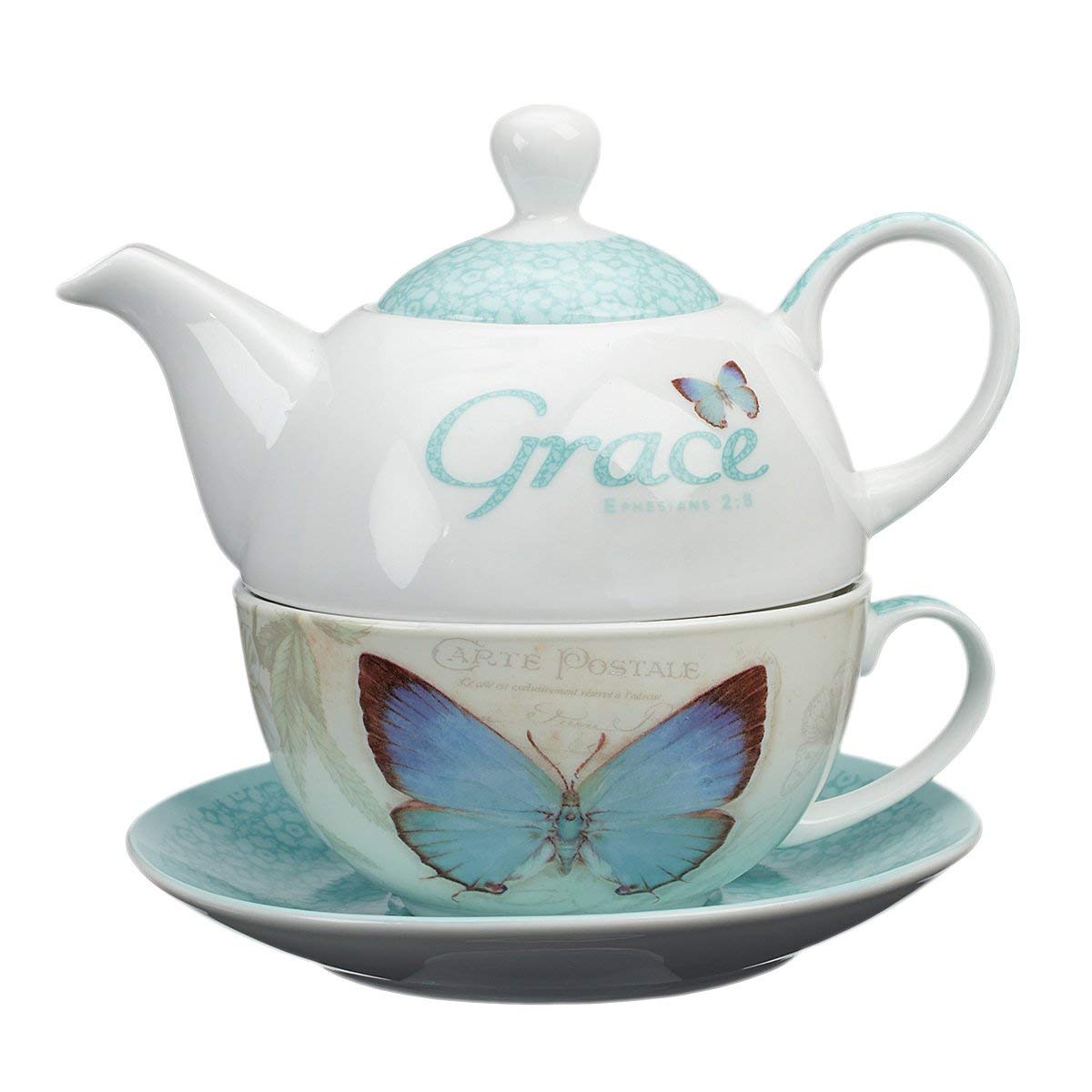 Christian Art Gifts Ceramic 14 Oz. Teapot Set For Women: Botanic Butterfly Blessings - Grace Ephesians 2:8 Inspirational Bible V