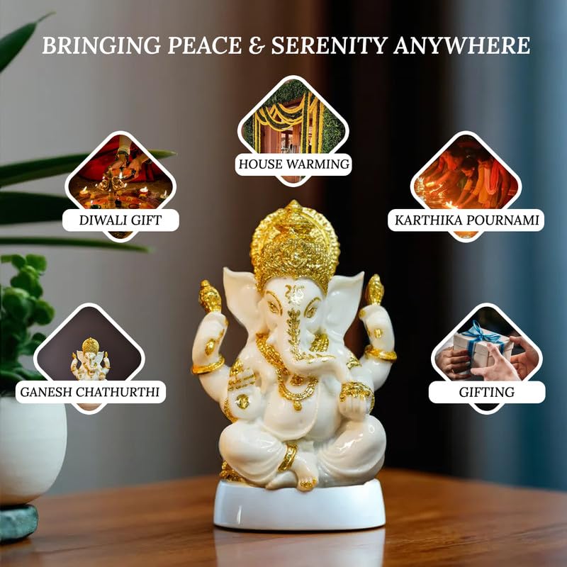 Ekhasa Aura Series Marble Dust Ganesha Idol (5 Inch) | Gold Plated Ganesh Murti For Pooja Room, Home Decor, Office Desk | Resin