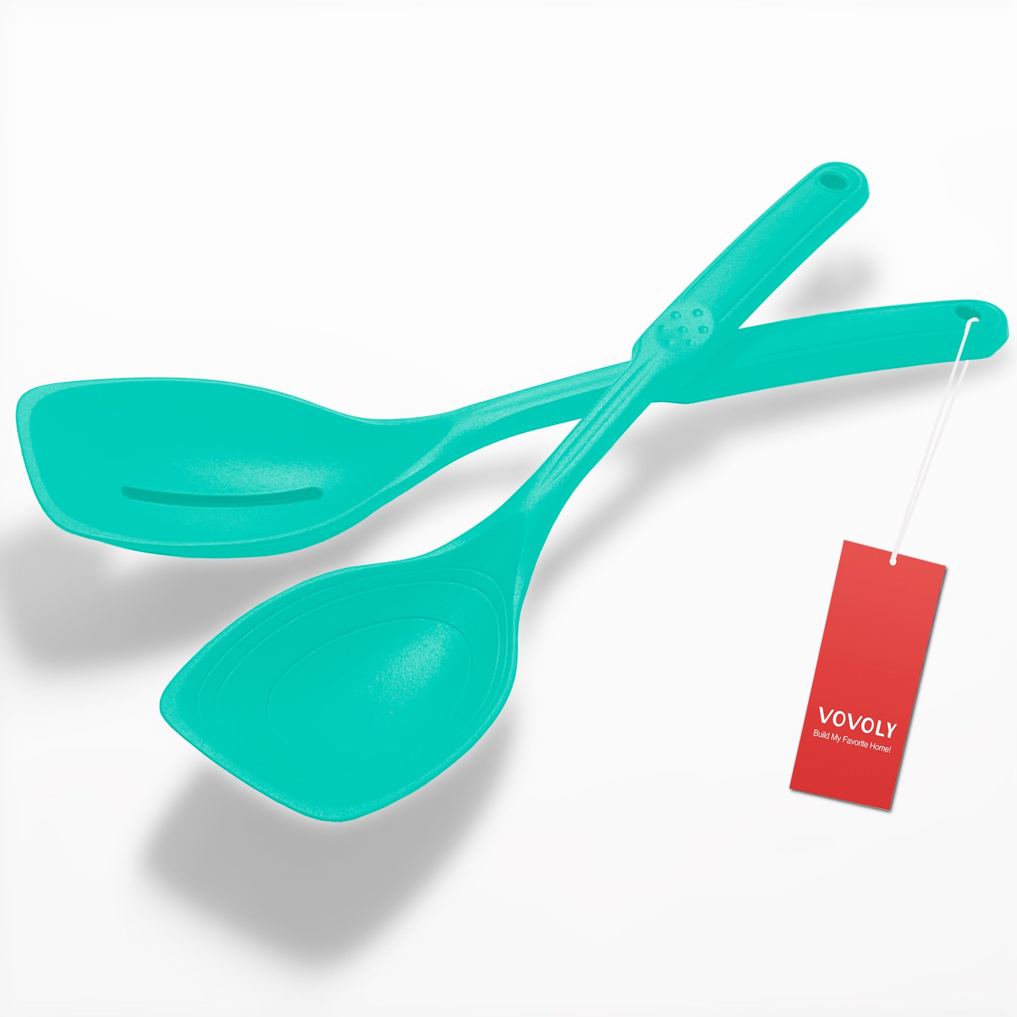2 Pack Large Silicone Cooking Spoons set, Non-Stick Slotted/Solid Spoon set with Deep Bolw& Measurement Mark for Mixing, Serving