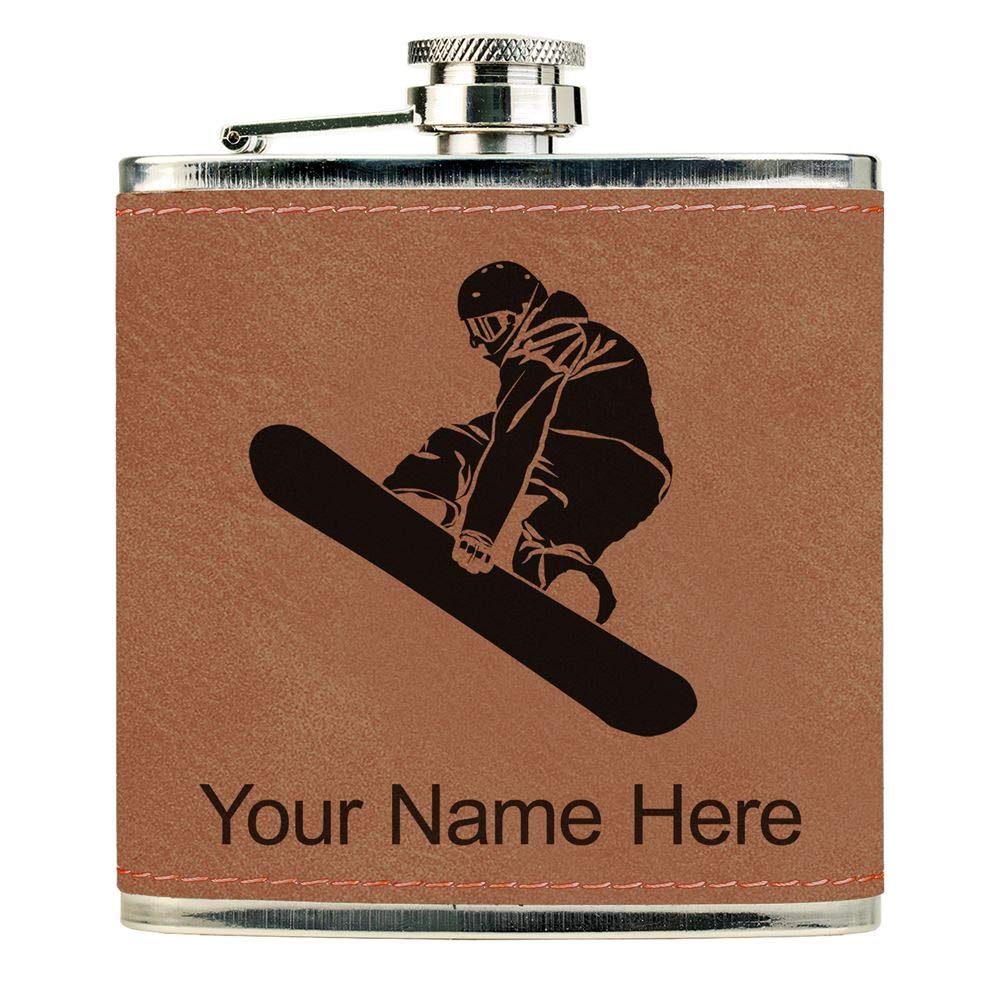 Faux Leather Flask, Snowboarder Man, Personalized Engraving Included (Dark Brown)