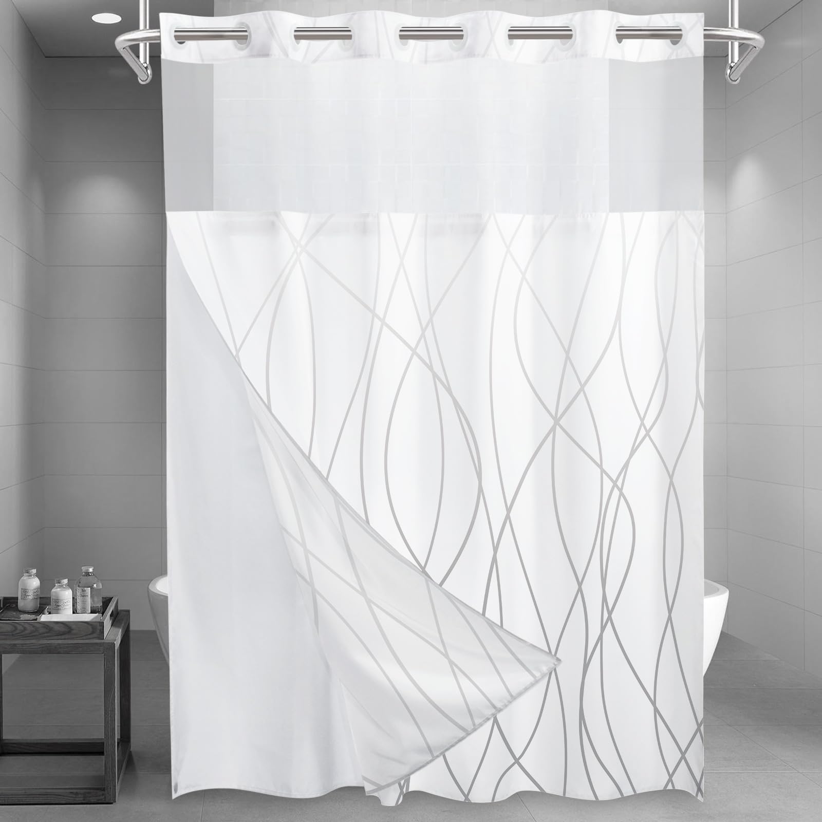 LXBNI No Hook Ombre Grey White Striped Long Shower Curtain with Snap in Fabric Liner Set - Hotel Shower Curtain and Liner Set wi