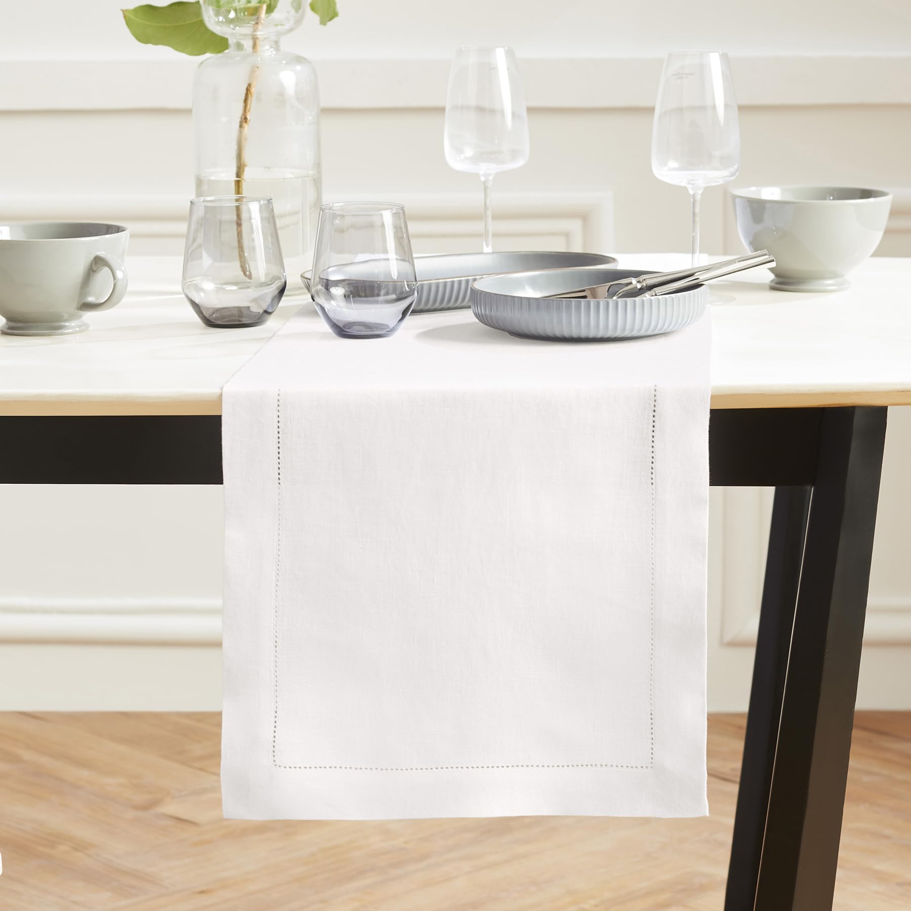 Solino Home Linen White Table Runner 72 Inches Long - Sonoma Hemstitch 100% Pure Linen Prewashed Dining Table Runner 14 X 72 Inc