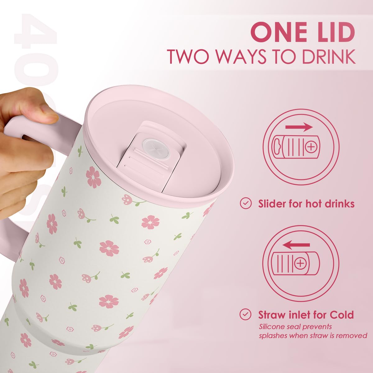 Floral 40oz Tumbler with Handle and Straw - Flowers Insulated Stainless Steel Travel Coffee Mug for Women Girls - Gift Idea for
