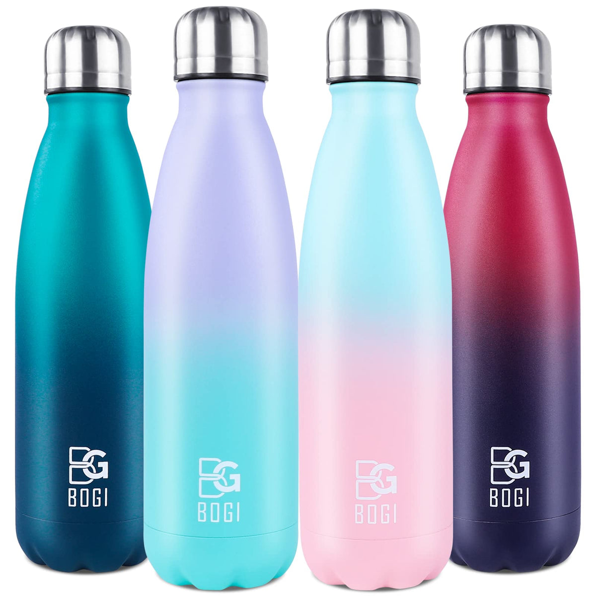 Bogi Insulated Water Bottle, 17Oz Stainless Steel Water Bottles, Leak Proof Sports Metal Water Bottles Keep Cold For 24 Hours An