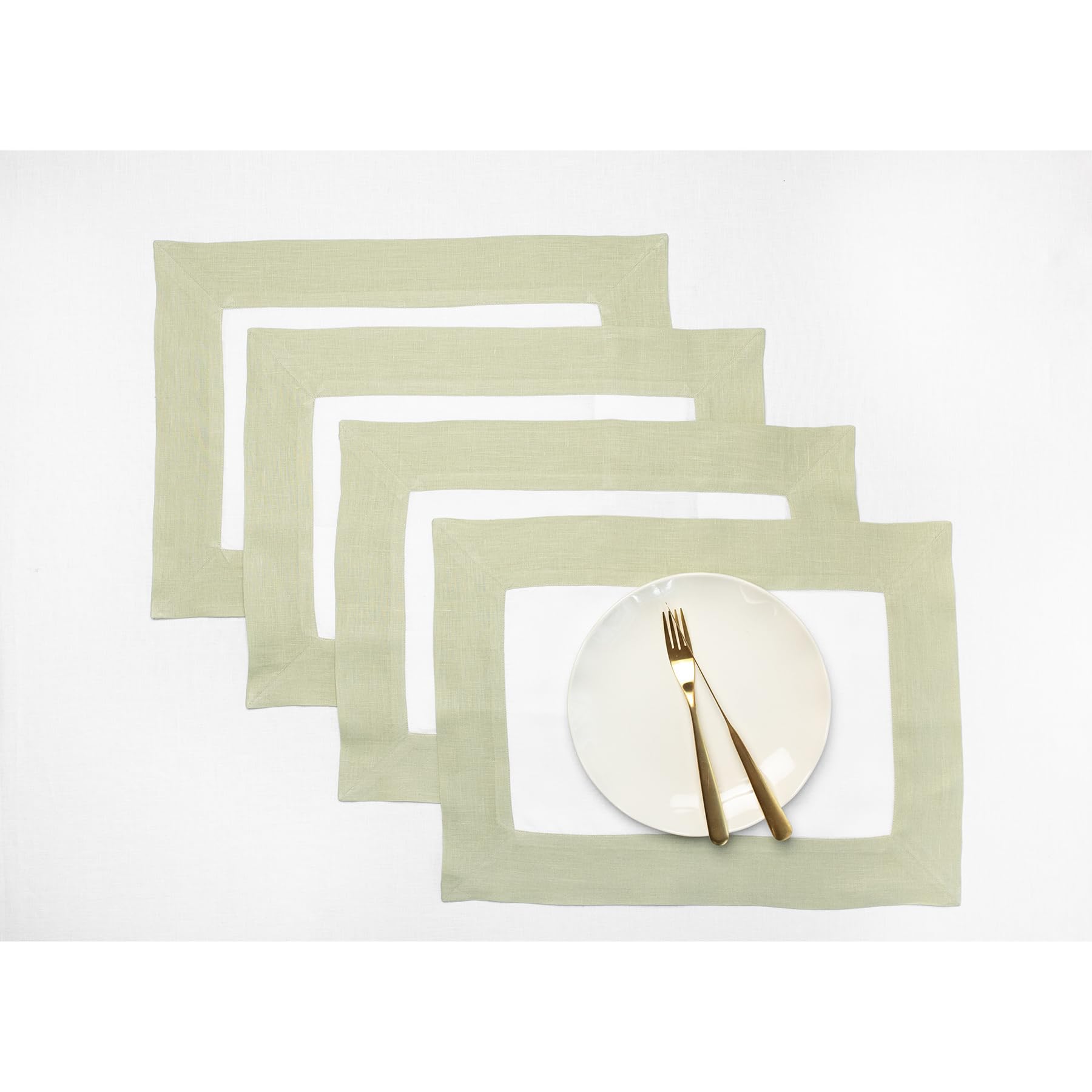 Solino Home Linen Placemats Set Of 4-100% Pure Linen Cloth Fabric Placemats Sage Green And White - 19'' L X 14'' W Inch Washable