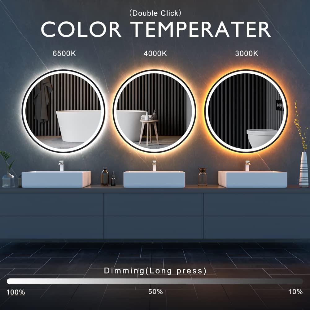 Ganpe Led Sensor Mirror, Round Human Body Induction, Black Framed Vanity Mirror, Illuminated Dimmable Anti Fog Ip44 Waterproof W