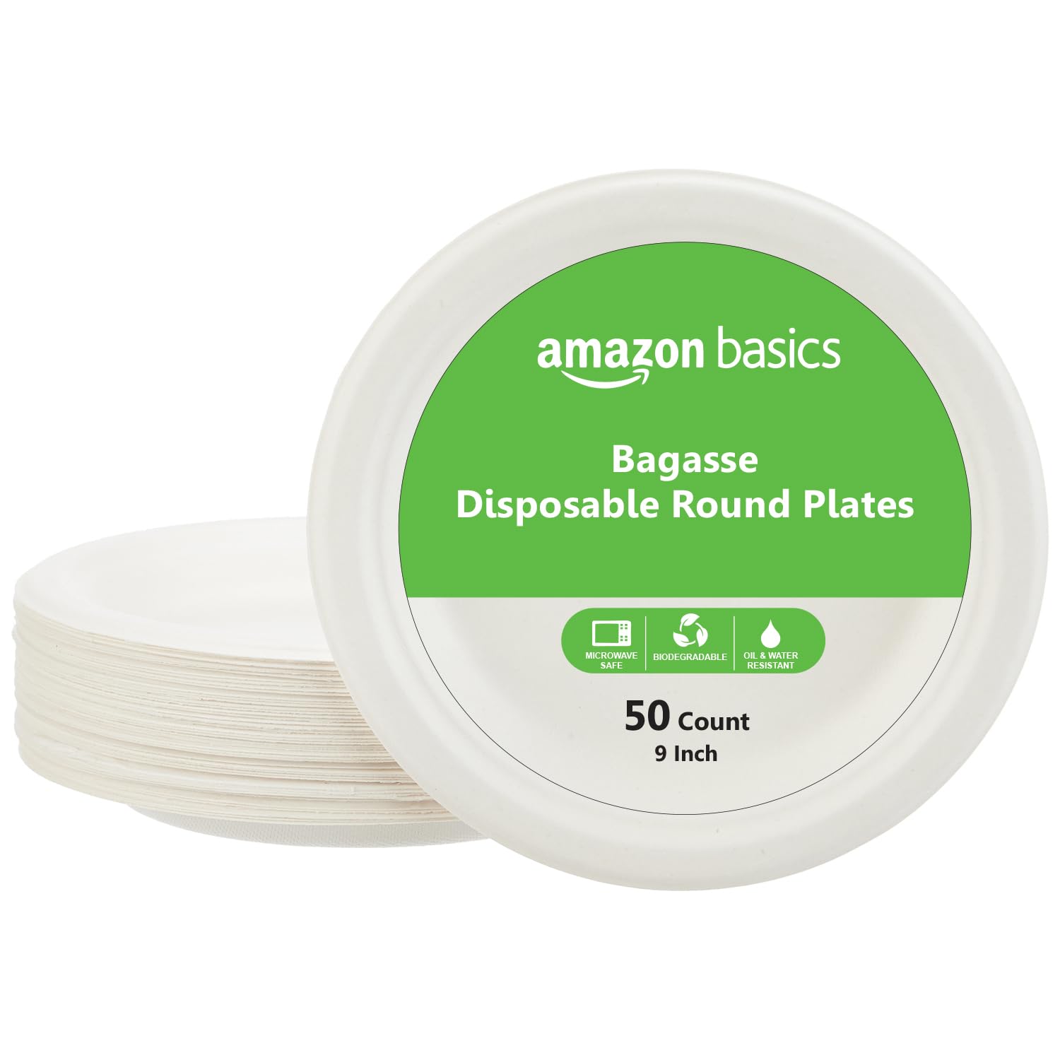 Amazon Basics Bagasse Disposable Round Plates | 9 Inch  Pack Of 50 | Biodegradable | LeakResistant | Hot & Cold Food Safe | Ec