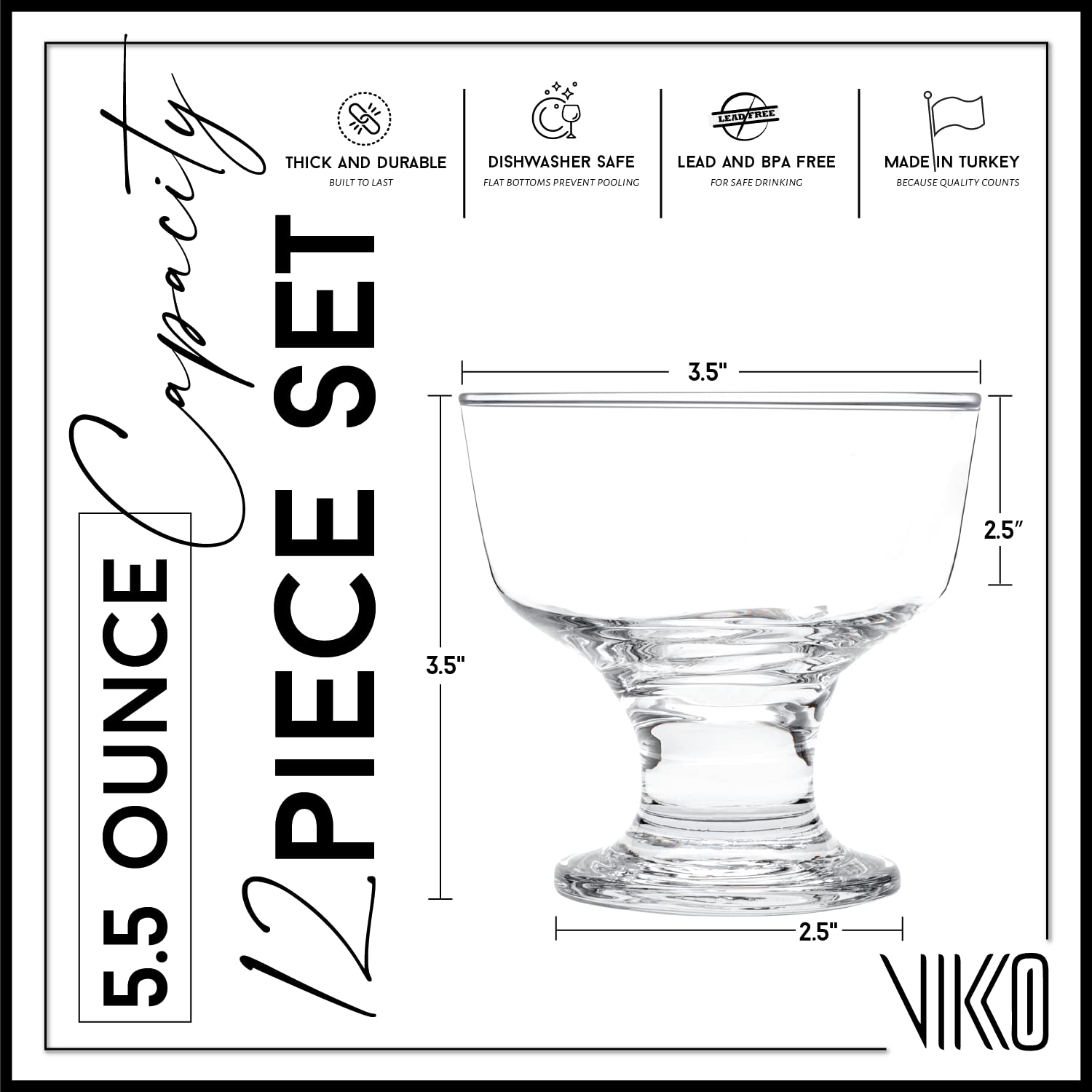 Vikko Dessert Bowls, 7 Ounce Ice Cream Sundae Bowls, Set Of 12 Footed Dessert Cup For Ices, Pudding, Fruit, And More, Dishwasher