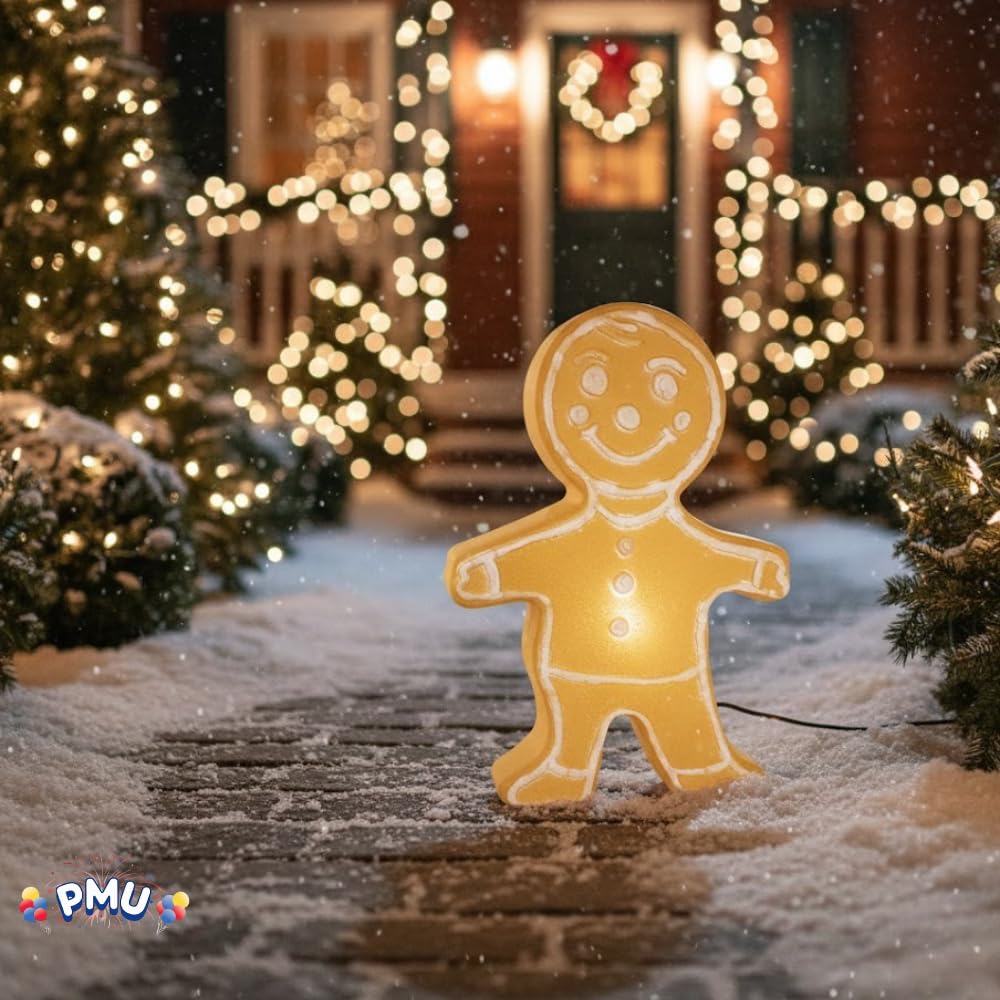 PMU Christmas Light-Up Gingerbread Figure - Double Sided Blow Mold Plastic Statue with 6 Cord and Light - Perfect D  cor for Ho