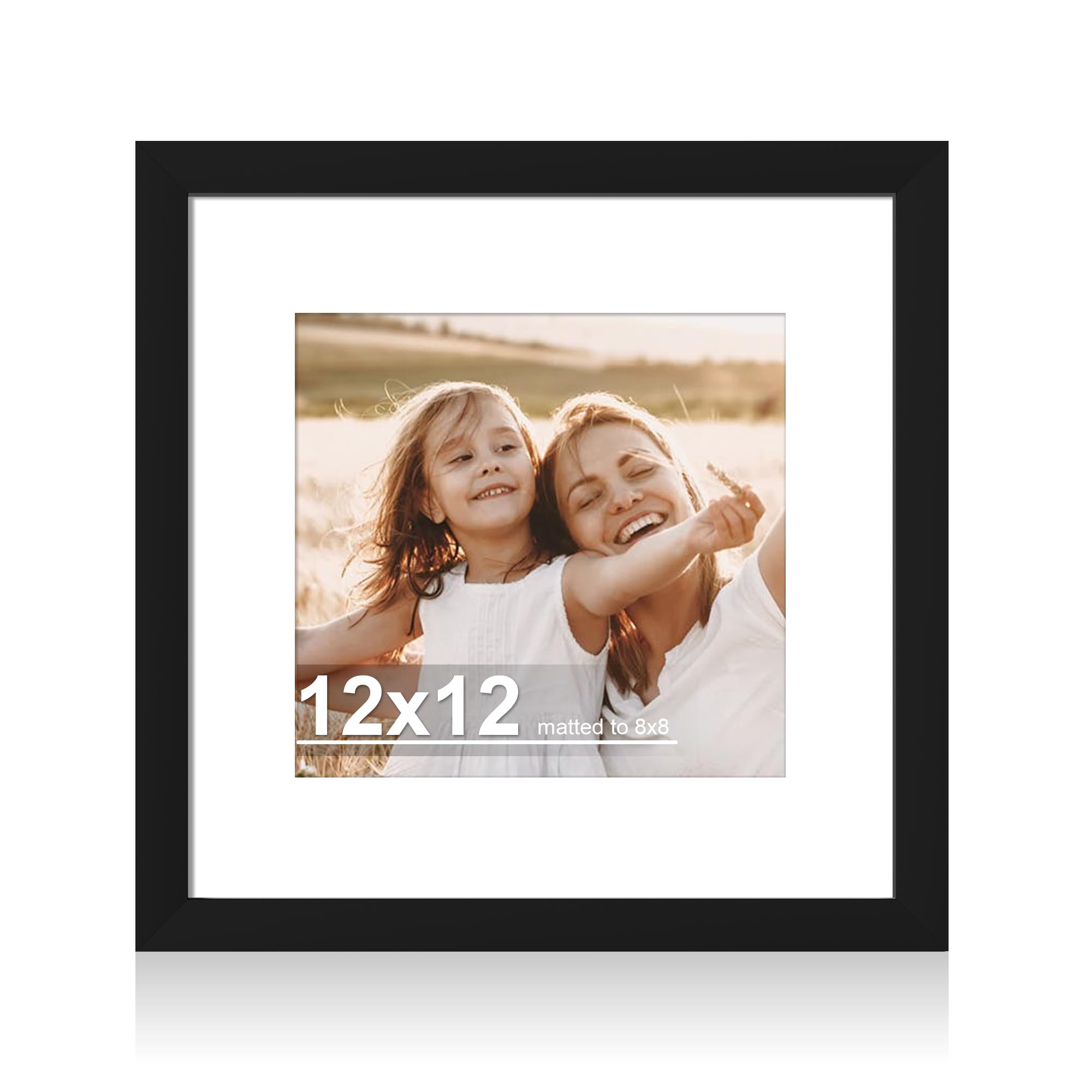 Hongkee 12x12 Picture Frame with Real Glass - 8x8 Wooden Frame with Mat, Horizontal and Vertical Display for Wall or Tabletop (B