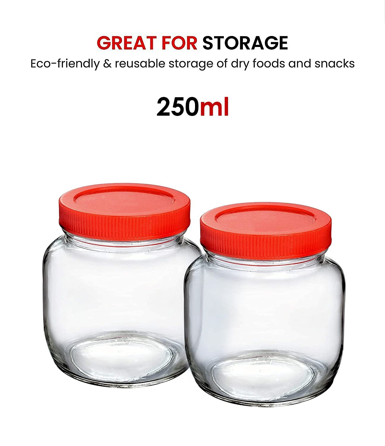 Feelopie Aahar Jar with Red Lid for Lentils, Food, Pickles, Spices, Sweets, Snacks, Rice, Kitchen Storage (250ml, Set Of 4)