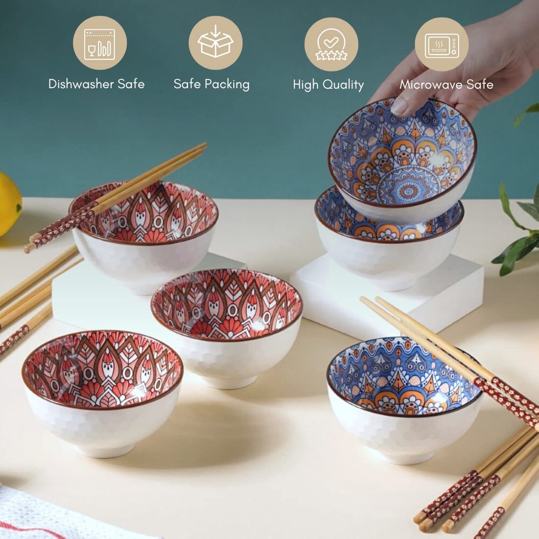 Nestasia Ceramic Bowl Set Of 6 With Chopsticks | Microwave & Dishwasher Safe Bowl With Mandala Pattern | Perfect For Snacks, Sou