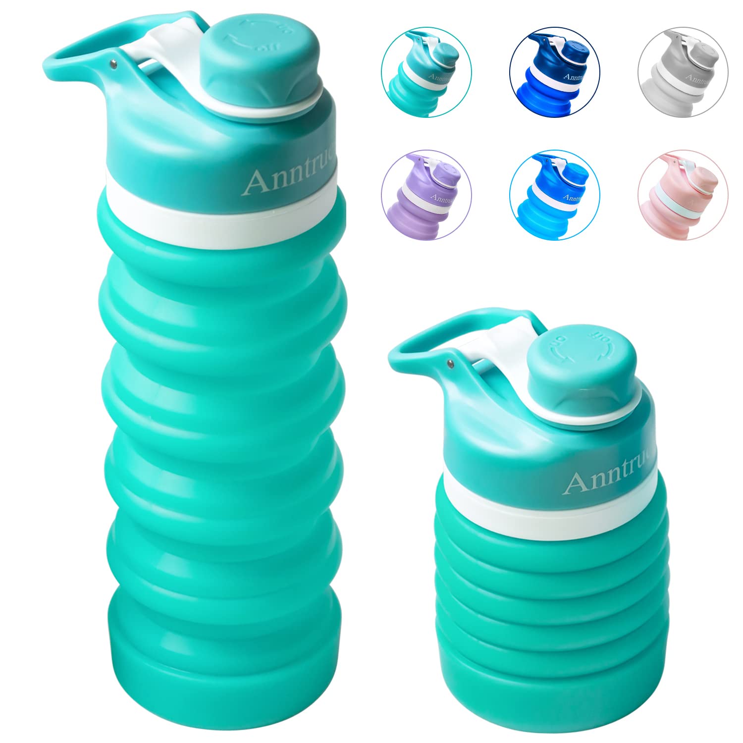 Collapsible Water Bottle Food-Grade Silicone Portable Leak Proof Travel Water Bottle, 18Oz (Aqua Blue)