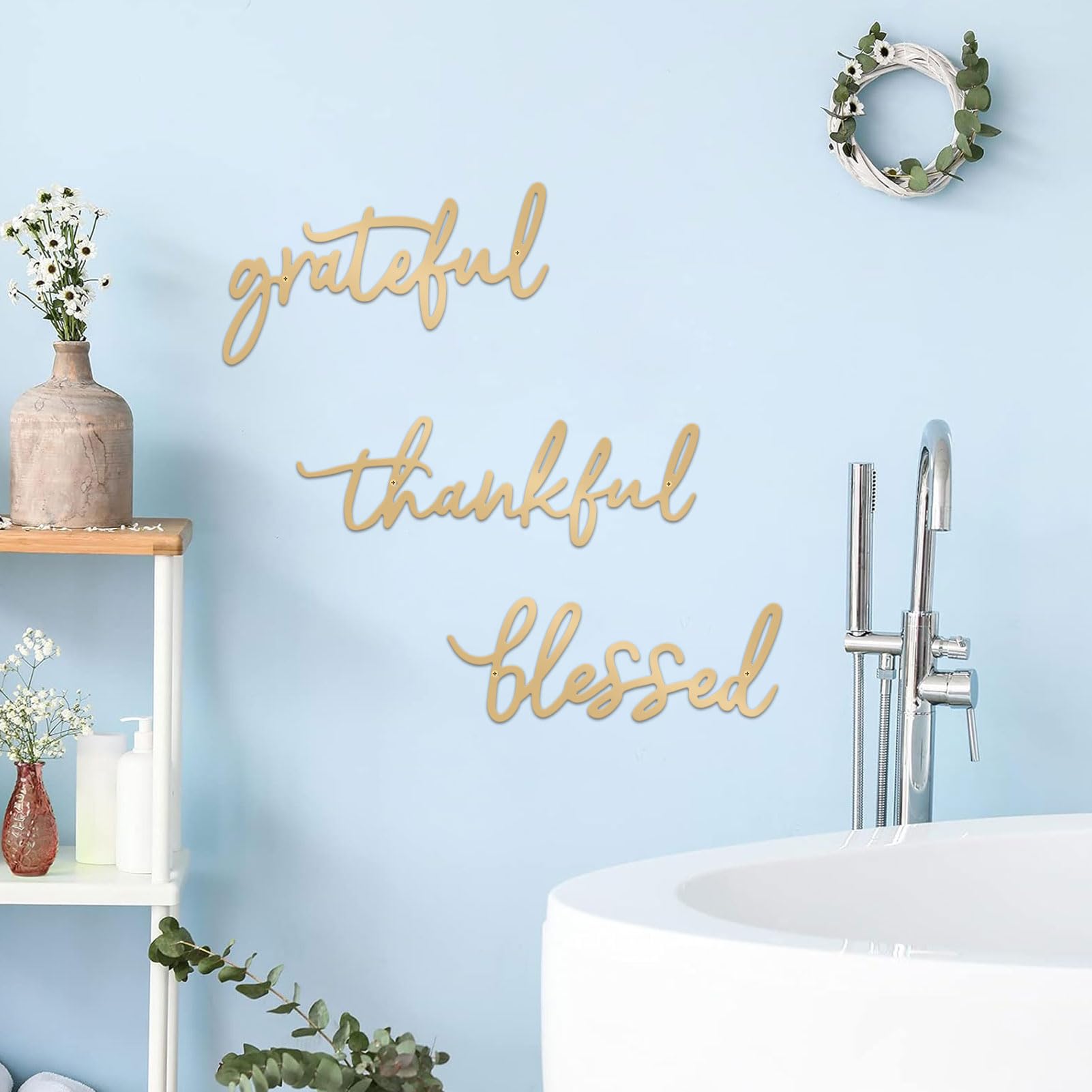 ESTART Thankful Grateful Blessed Letter Sign Metal Wall Decor, 3 Piece Gold Letters Wall Art for Bathroom Bedroom Metal Words Wa