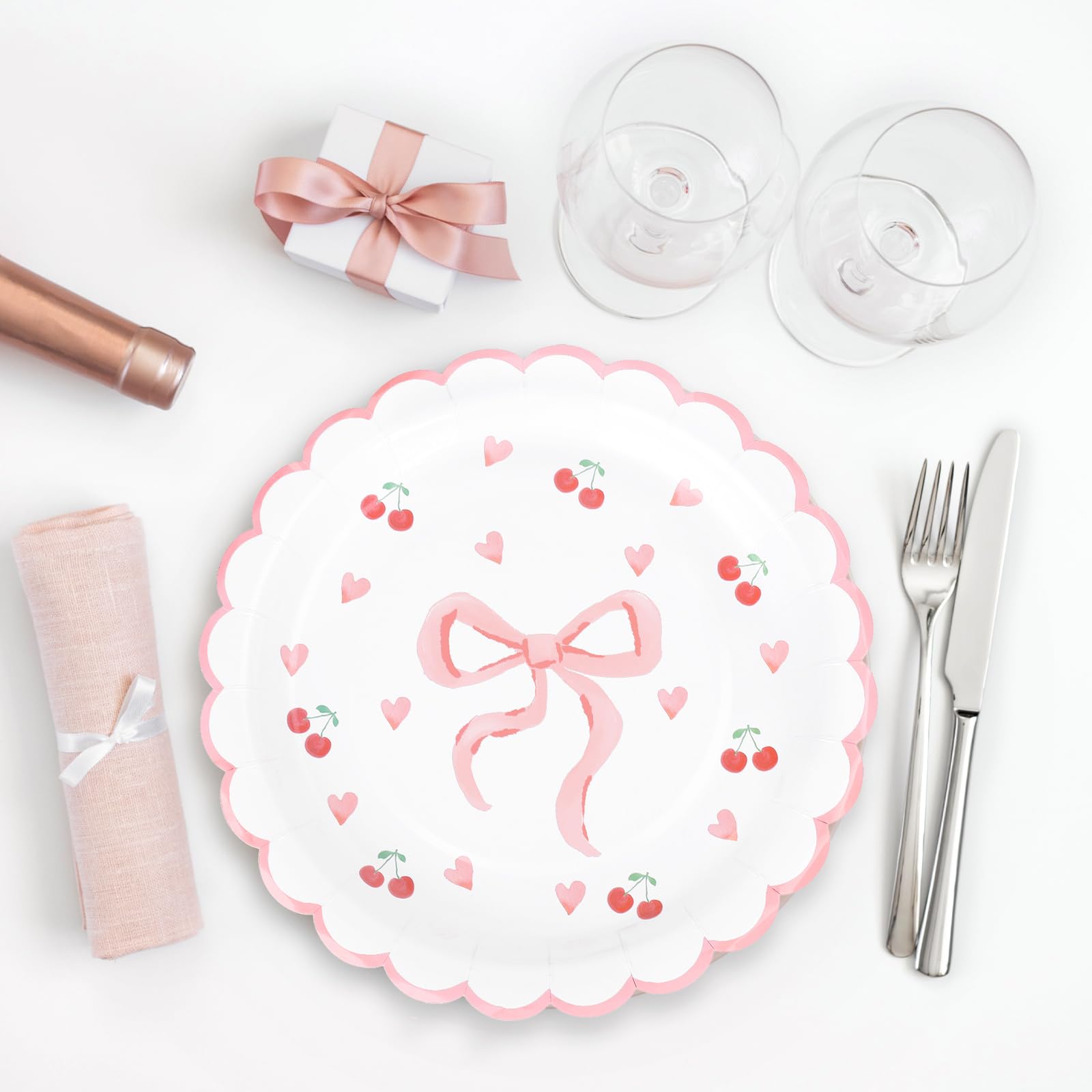 Whaline 40Pcs Pink Scalloped Bow Valentine'S Day Paper Plates 9 Inch Disposable Plates Bow Theme Party Dinner Plates For Wedding
