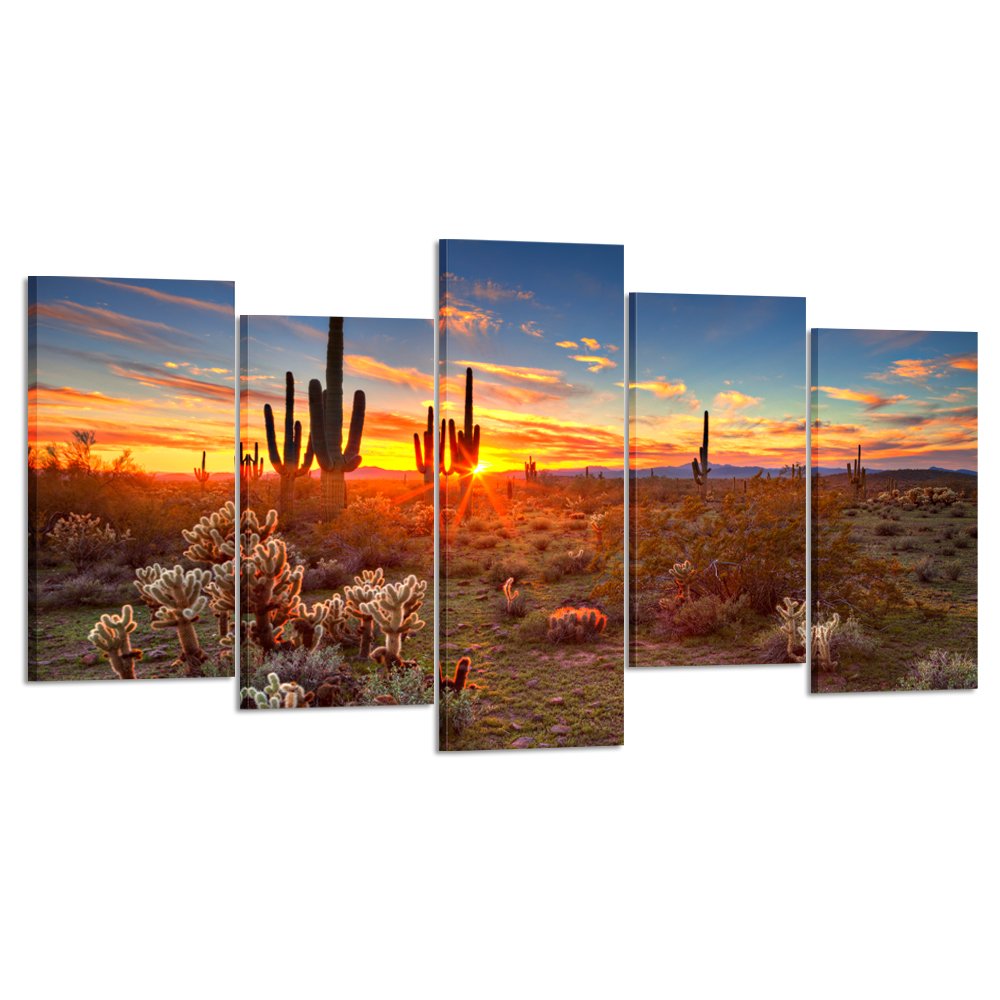 Kreative Arts - Natural Landscape Paintings Wall Art Sunset With Saguaros In Sonoran Desert 5 Pieces Picture Print On Canvas For